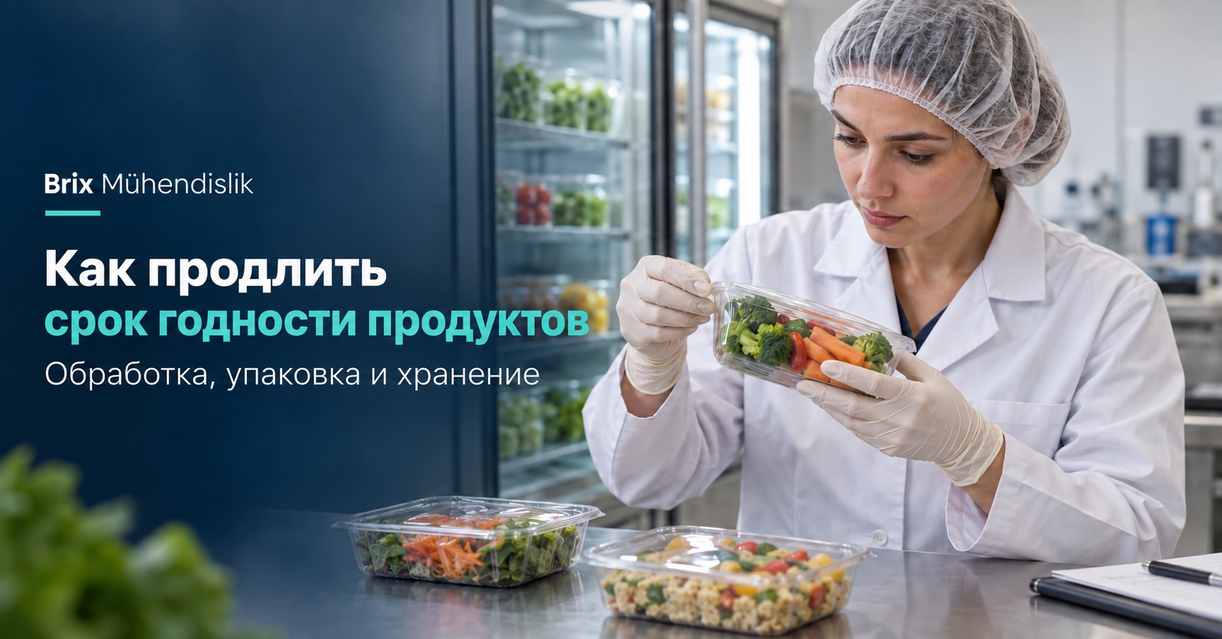 Пищевой технолог проверяет запаянную плёнку лотка с овощами рядом с холодильником; обложка на русском языке.