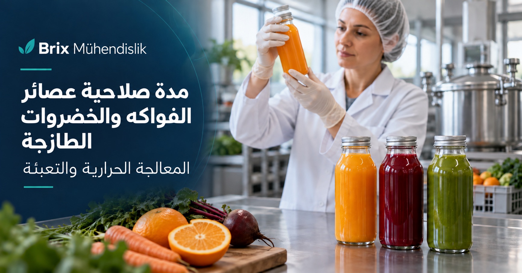 متخصصة في تكنولوجيا الأغذية تفحص زجاجة مغلقة بجانب عصائر الفواكه والخضروات؛ غلاف عربي عن مدة الصلاحية.