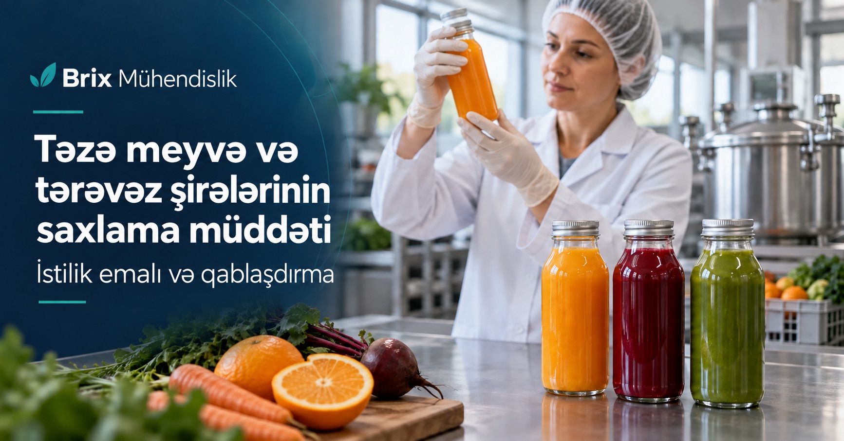 Meyvə və tərəvəz şirələrinin yanında qapalı şüşəni yoxlayan qida texnoloqu; Azərbaycan dilində saxlama müddəti mövzulu üz qabığı.