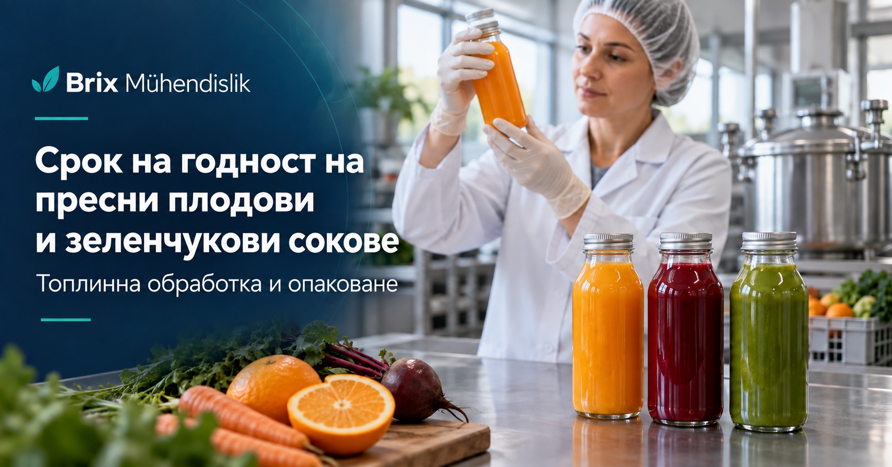 Хранителен технолог проверява затворена бутилка до плодови и зеленчукови сокове; корица на български език.
