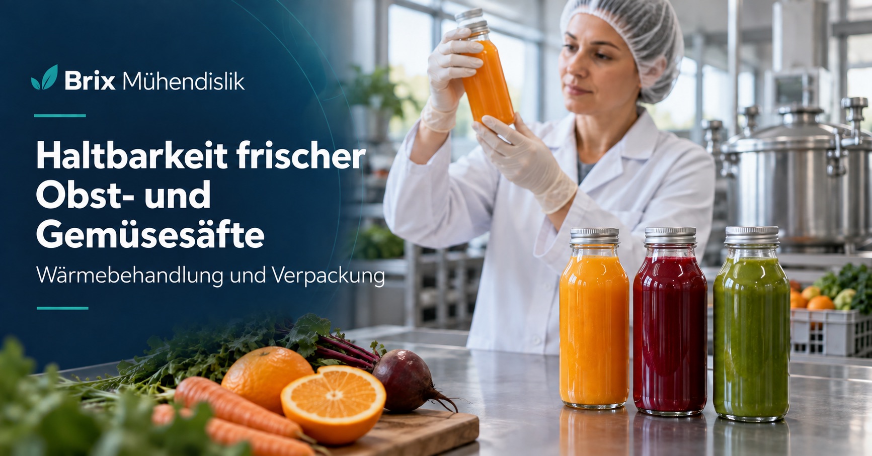 Lebensmitteltechnologin prüft eine verschlossene Flasche neben Obst- und Gemüsesäften; deutsches Titelbild zur Haltbarkeit.