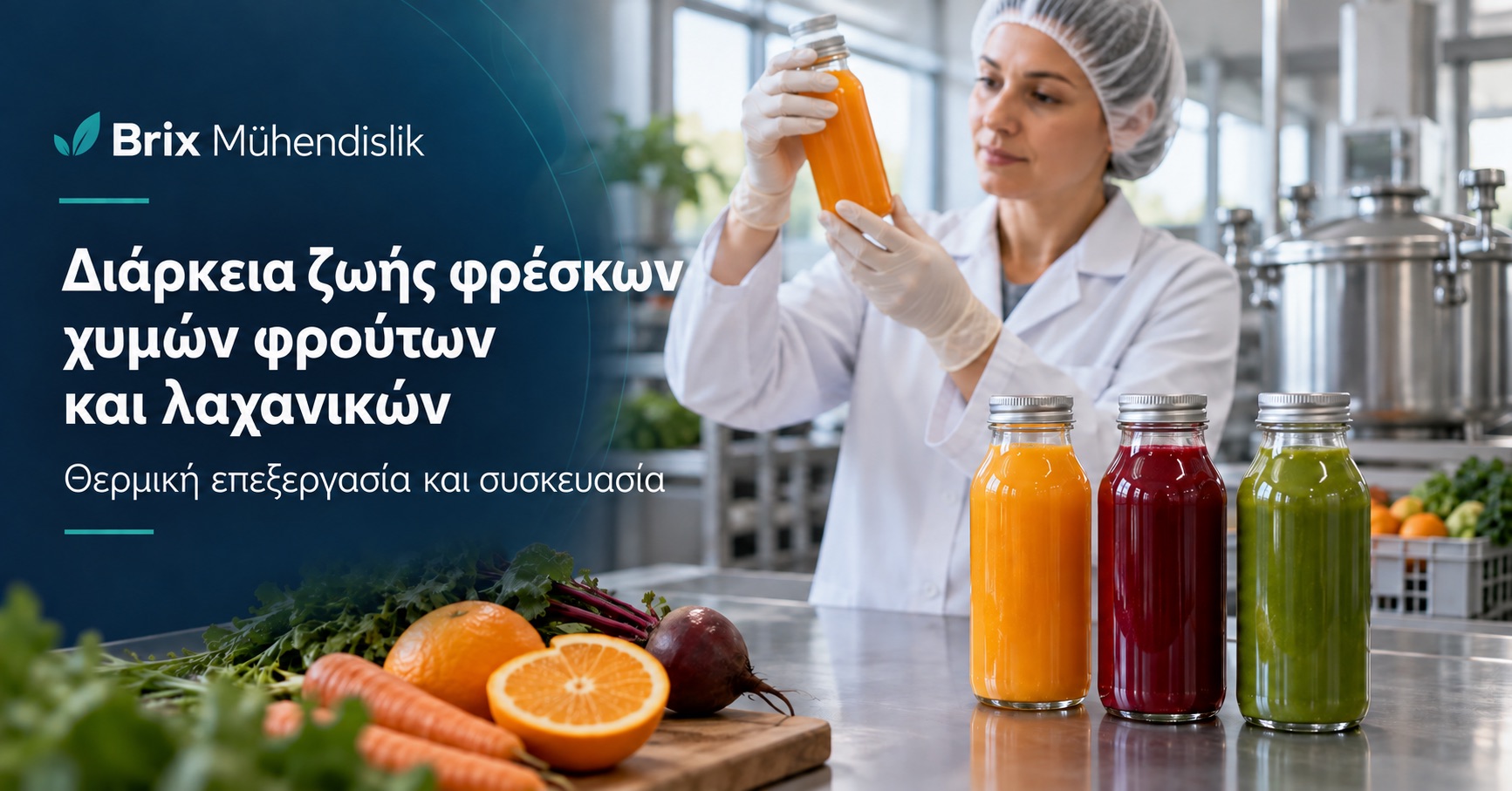 Τεχνολόγος τροφίμων ελέγχει ένα κλειστό μπουκάλι δίπλα σε χυμούς φρούτων και λαχανικών· ελληνικό εξώφυλλο.