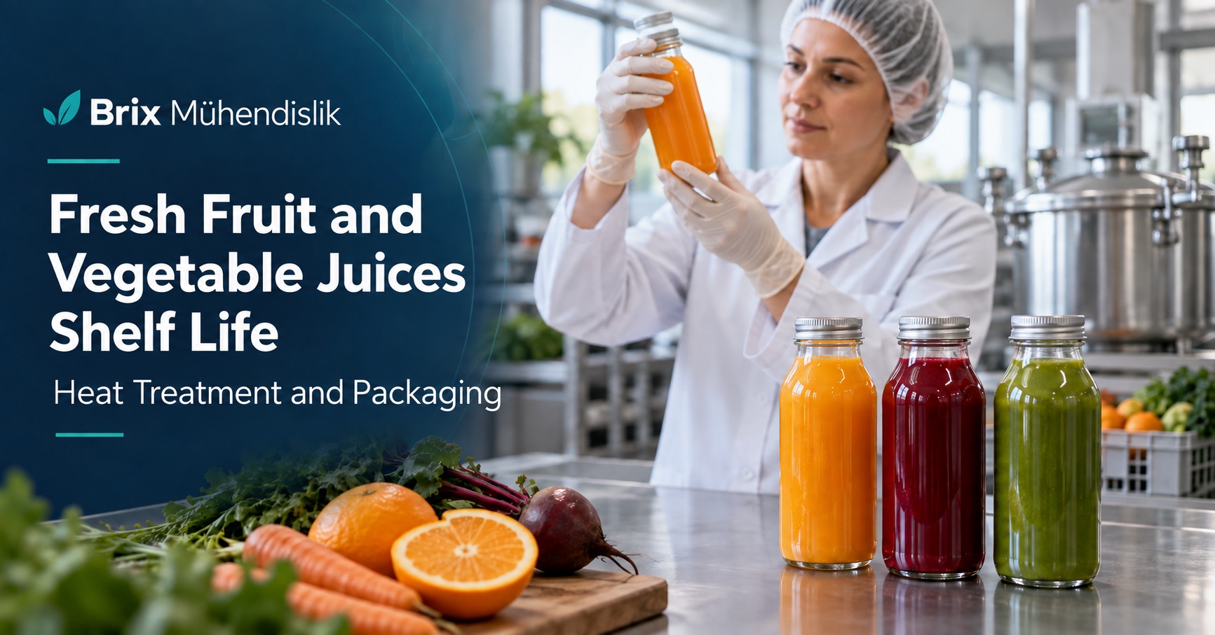 Food technologist inspecting a capped bottle beside fruit and vegetable juices; English cover about juice shelf life.