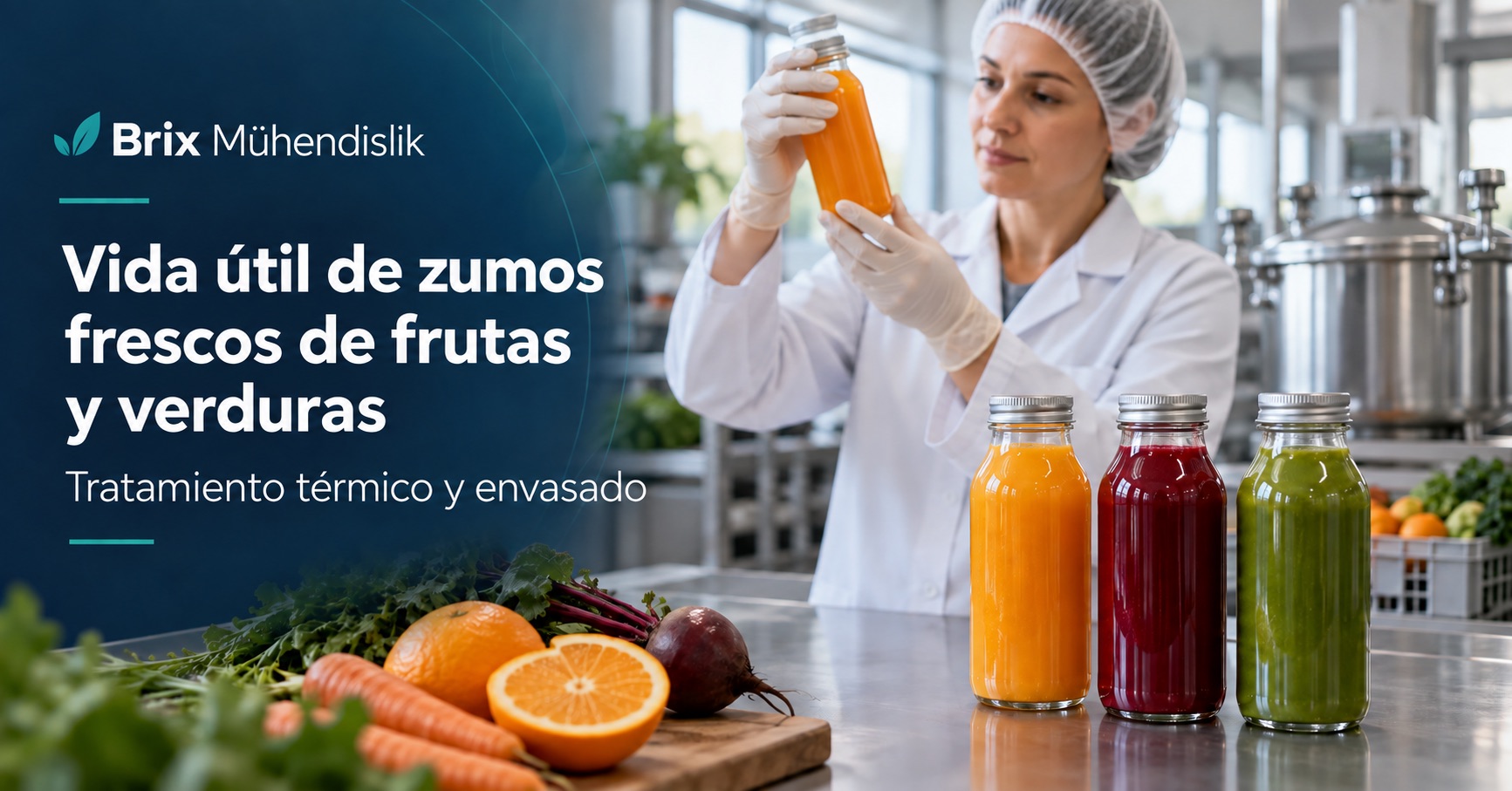 Tecnóloga alimentaria revisa una botella cerrada junto a zumos de frutas y verduras; portada en español.