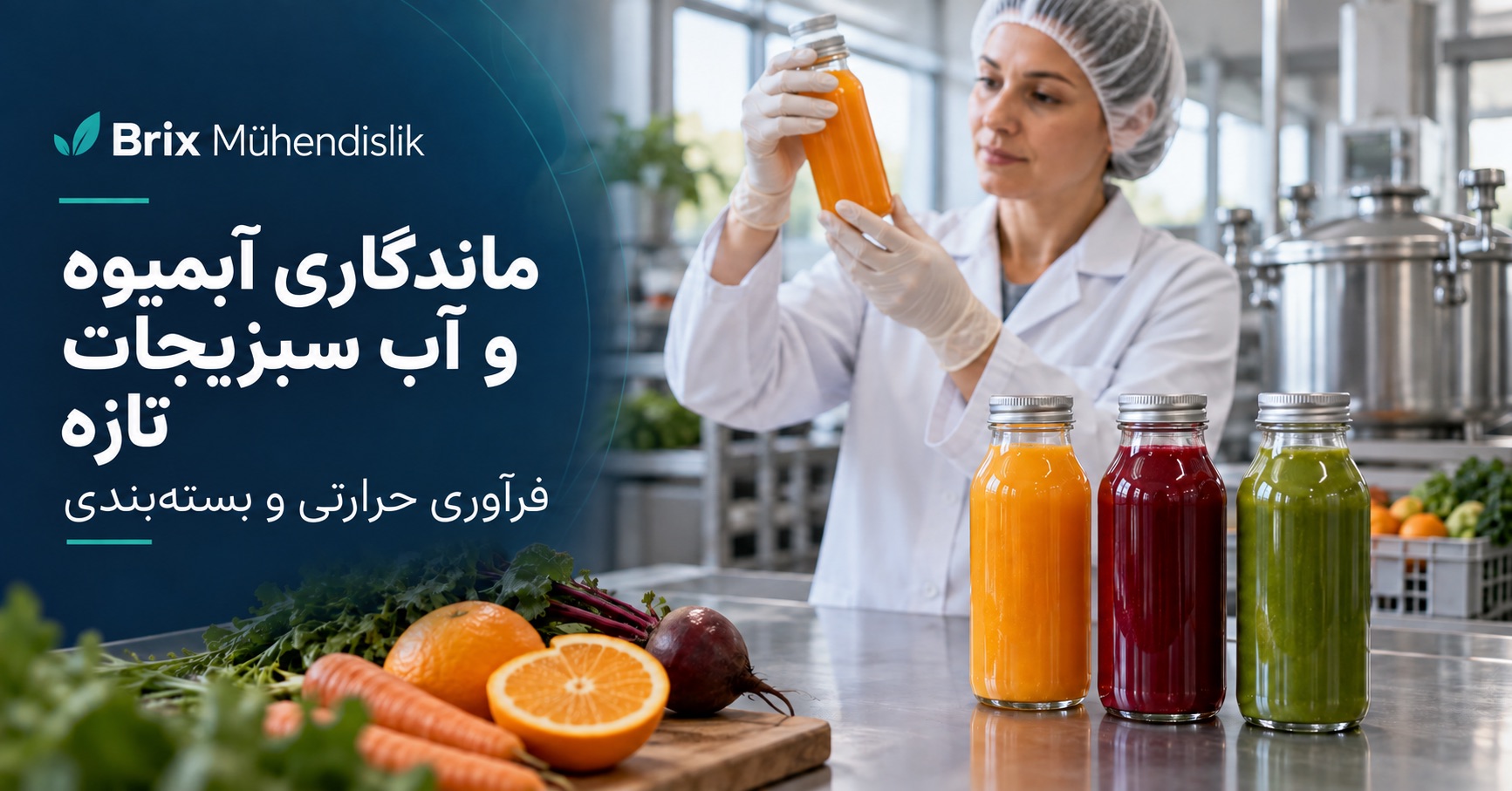 کارشناس فناوری مواد غذایی در حال بررسی بطری دربسته کنار آبمیوه و آب سبزیجات؛ تصویر جلد فارسی درباره ماندگاری.