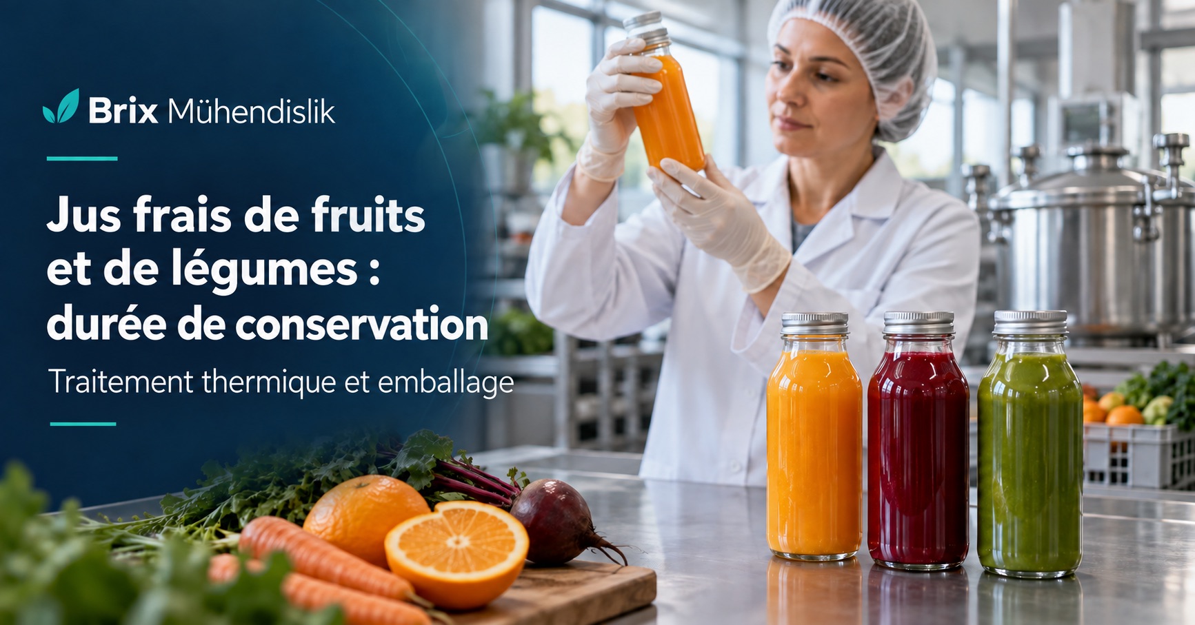 Technologue alimentaire inspectant une bouteille fermée près de jus de fruits et légumes ; couverture en français.