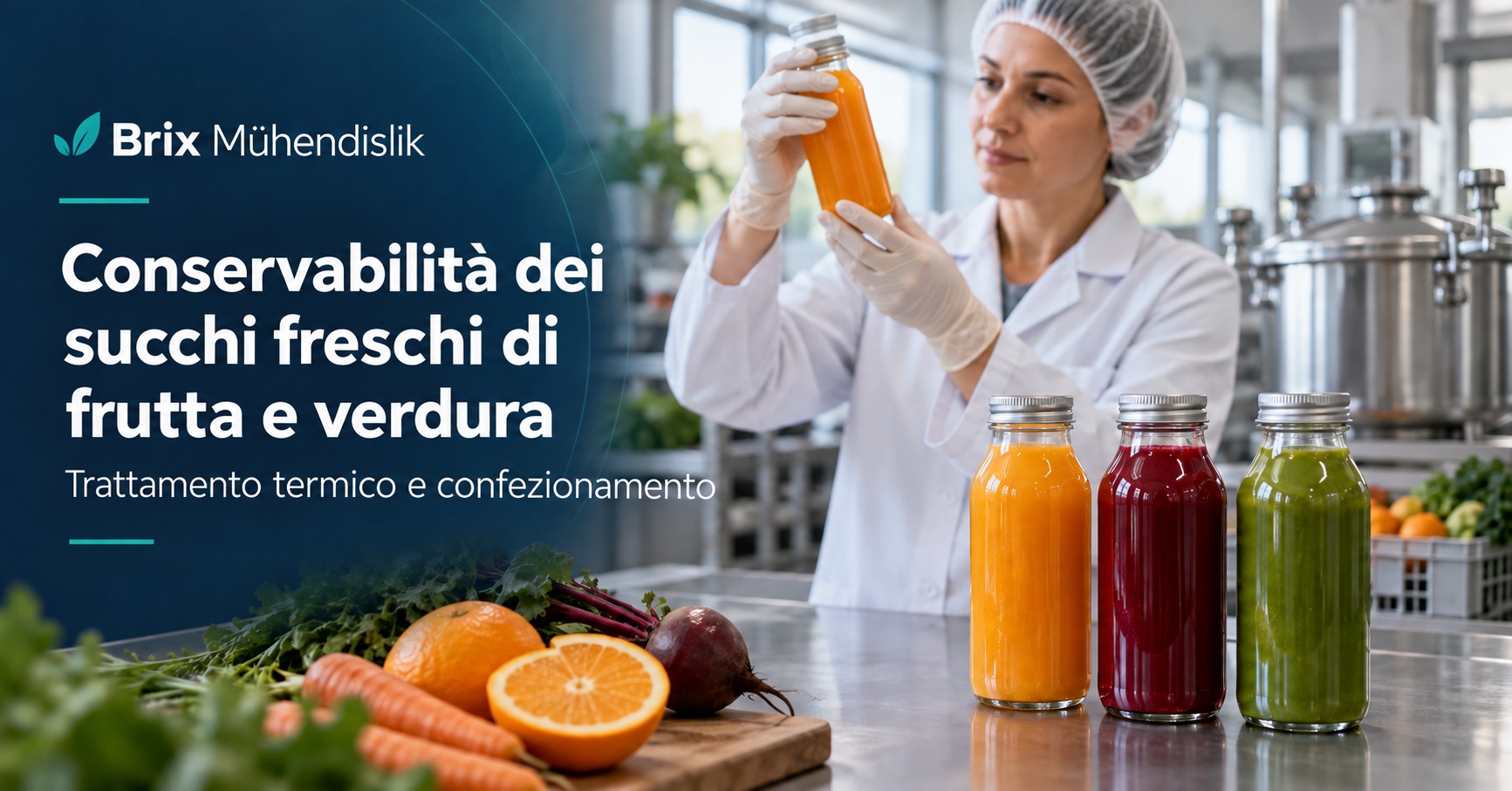 Tecnologa alimentare controlla una bottiglia chiusa accanto a succhi di frutta e verdura; copertina in italiano.