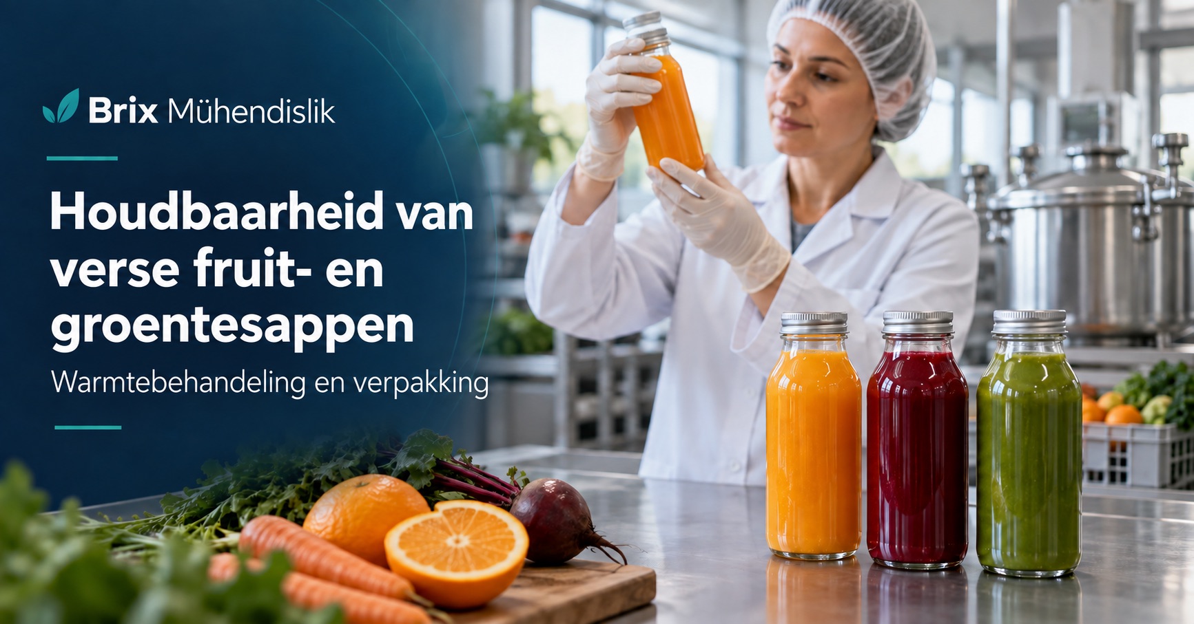 Voedingstechnoloog controleert een gesloten fles naast fruit- en groentesappen; Nederlandse omslag over houdbaarheid.
