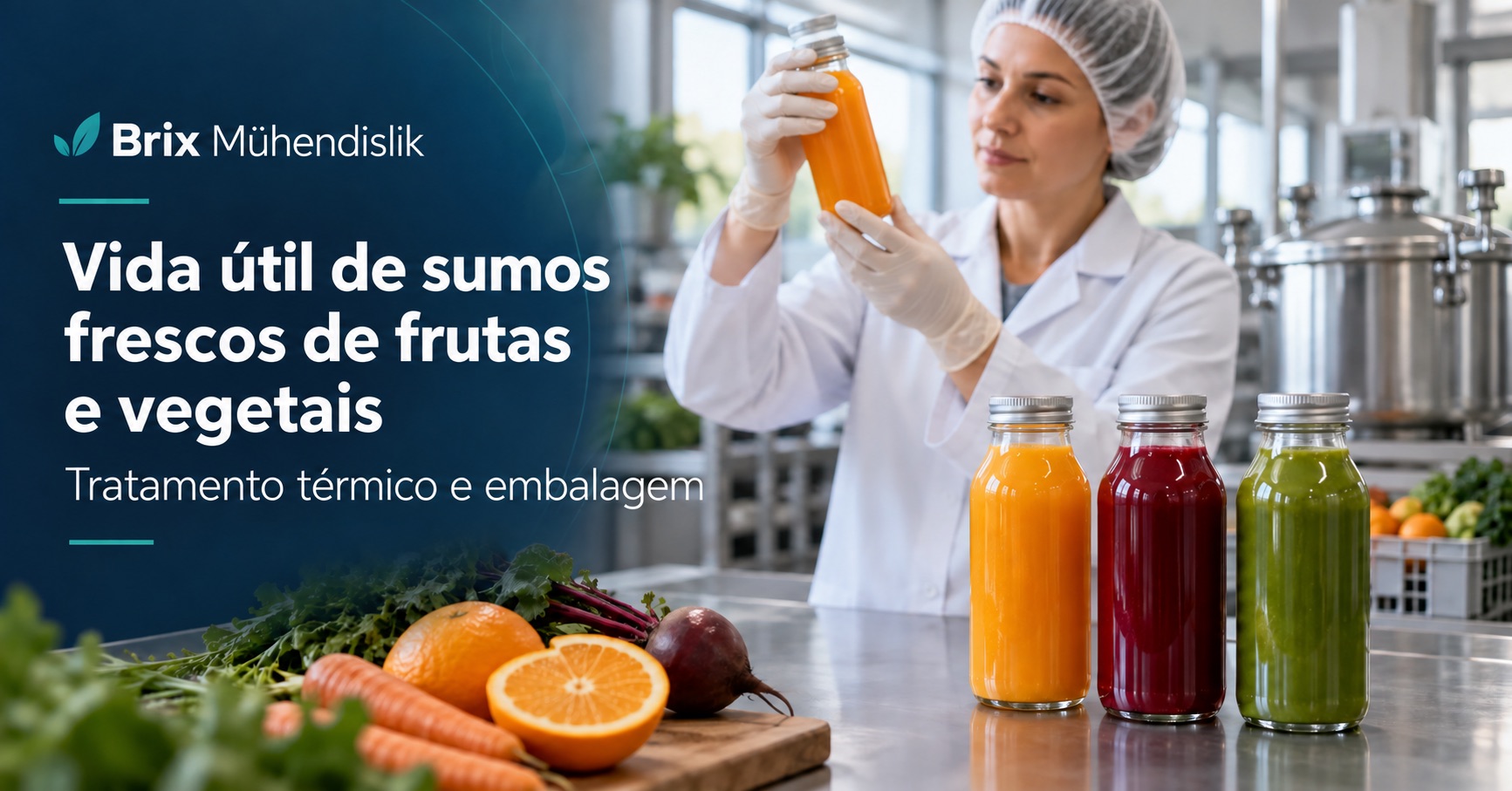 Tecnóloga alimentar inspeciona uma garrafa fechada junto a sumos de frutas e vegetais; capa em português.
