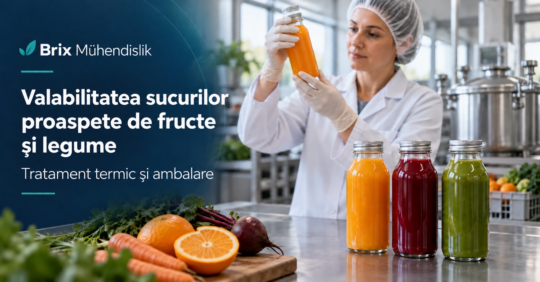 Tehnolog alimentar verifică o sticlă închisă lângă sucuri de fructe și legume; copertă în limba română.