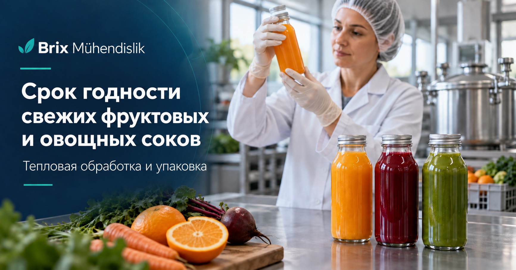 Пищевой технолог осматривает закрытую бутылку рядом с фруктовыми и овощными соками; обложка на русском языке.