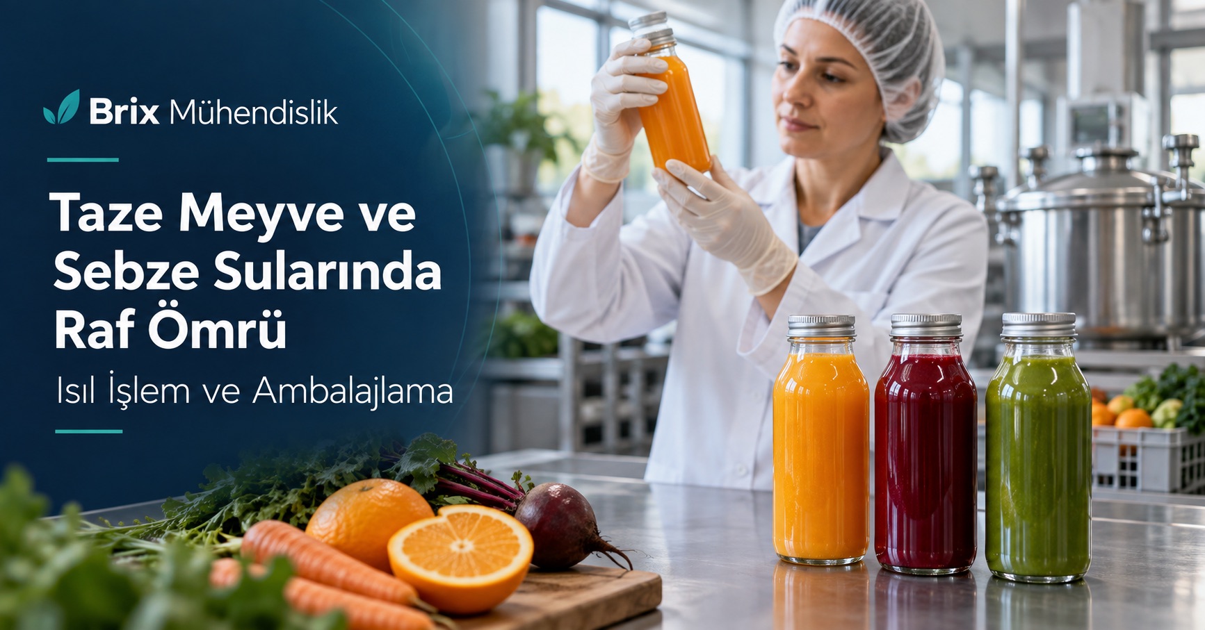 Meyve ve sebze suyu şişeleri yanında kapalı bir şişeyi inceleyen gıda teknoloğu; raf ömrü hakkında Türkçe kapak.
