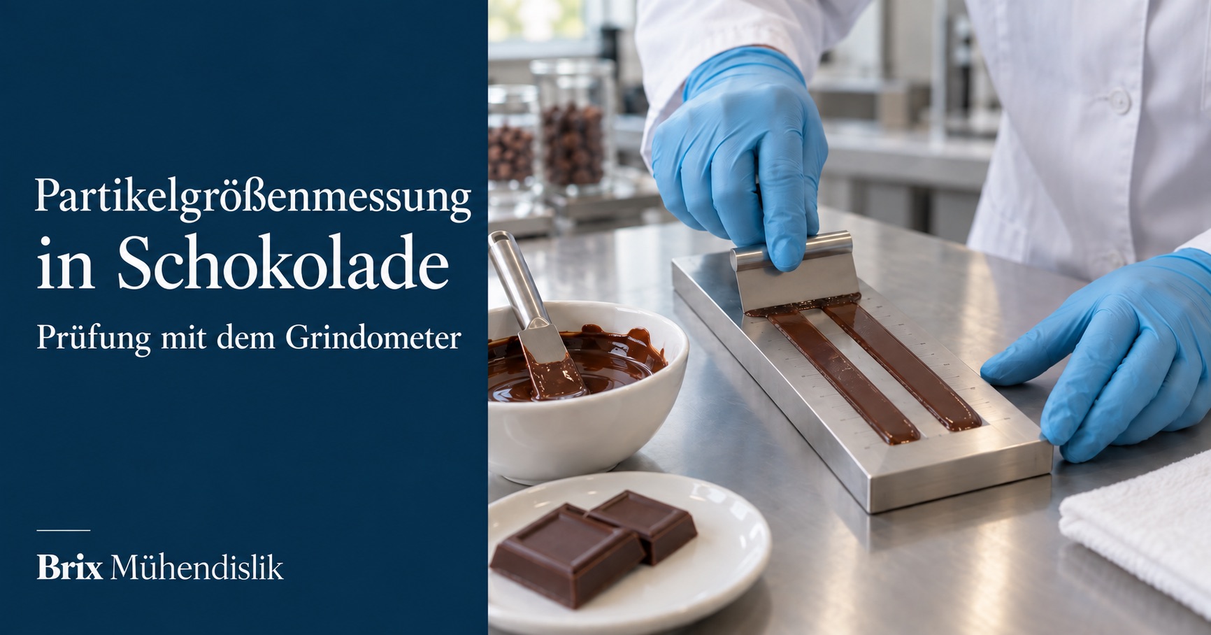 Laboruntersuchung einer Schokoladenprobe mit einem zweikanaligen Grindometer aus Stahl und einem Schaber