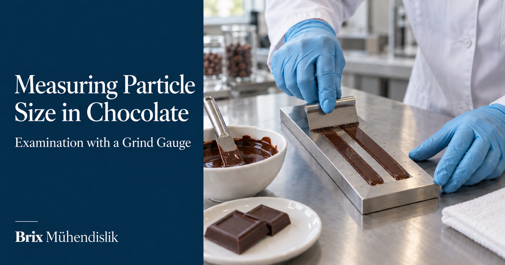Laboratory examination of a chocolate sample with a two-channel steel grind gauge and scraper