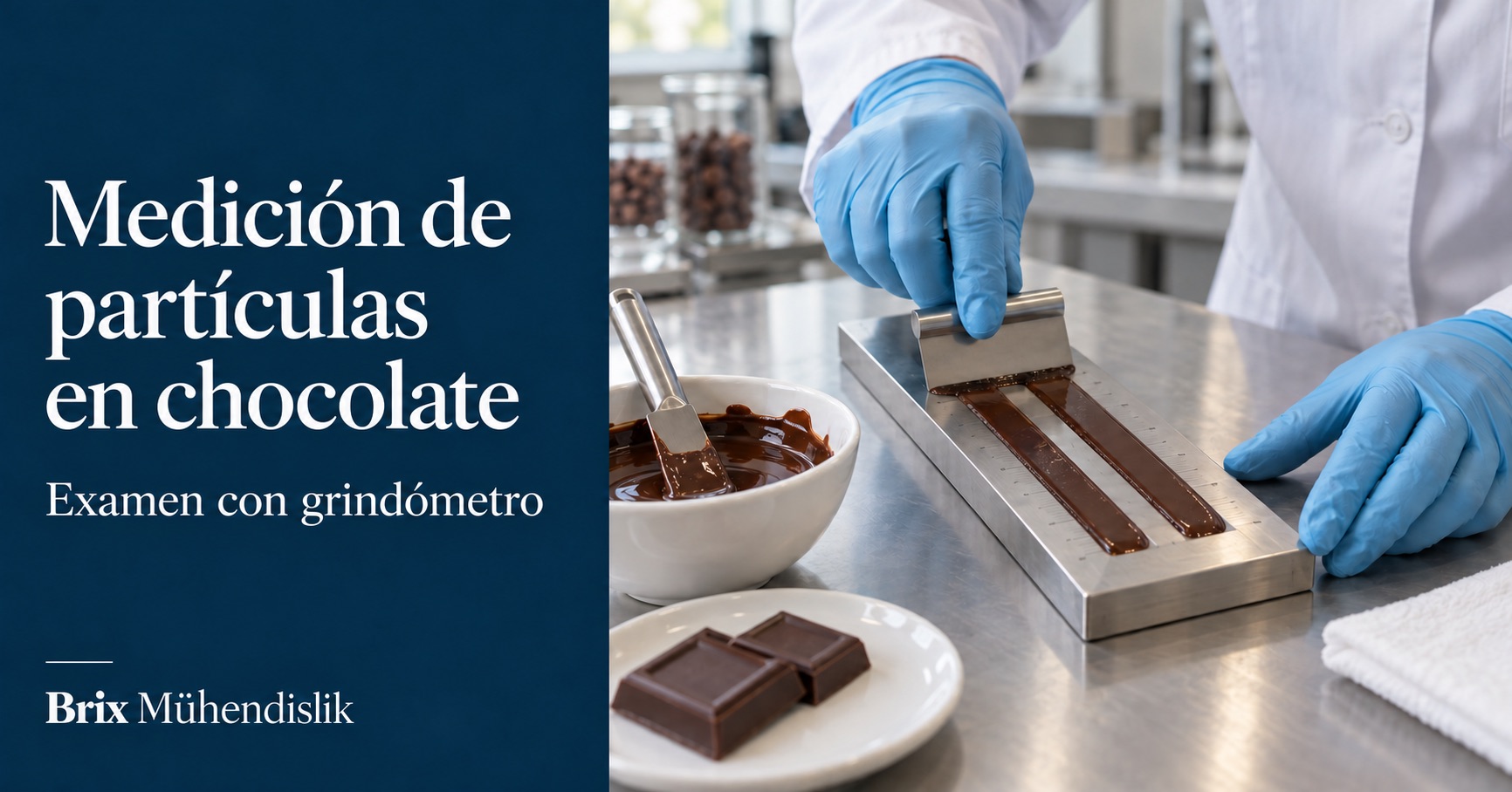 Examen de laboratorio de una muestra de chocolate con grindómetro de acero de dos canales y raspador