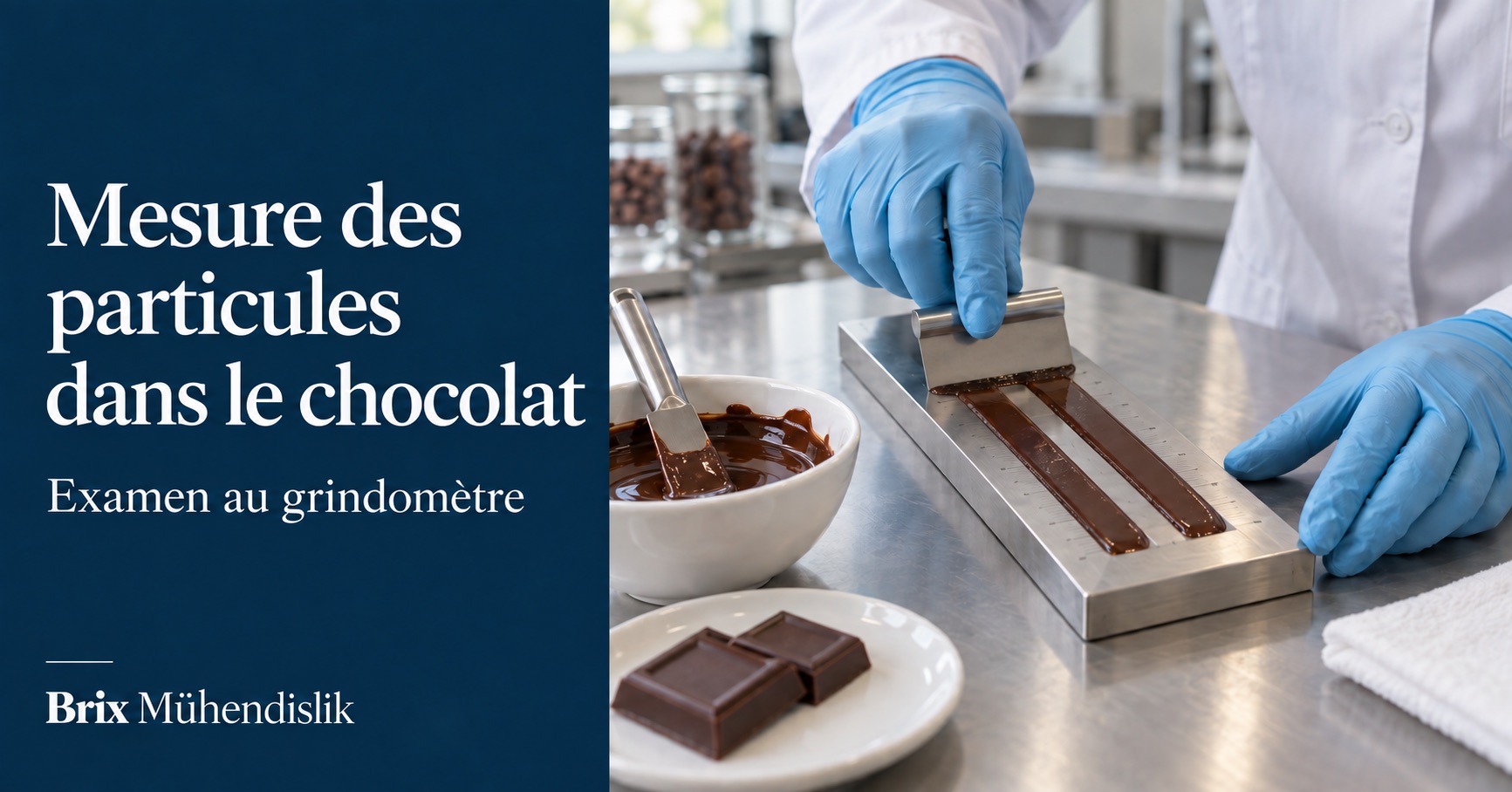 Examen en laboratoire d’un échantillon de chocolat avec un grindomètre en acier à deux rainures et un racloir