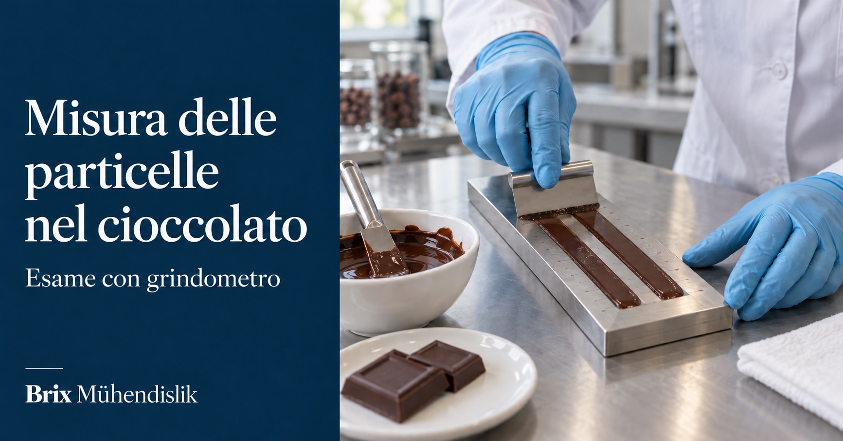 Esame in laboratorio di un campione di cioccolato con grindometro in acciaio a due canali e raschietto
