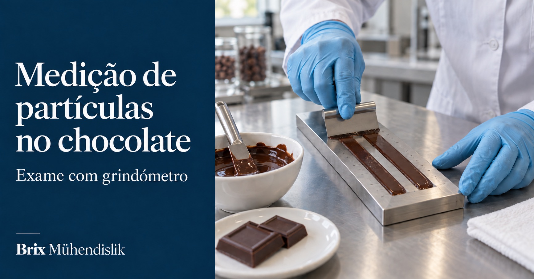 Exame laboratorial de uma amostra de chocolate com grindómetro de aço de dois canais e raspador