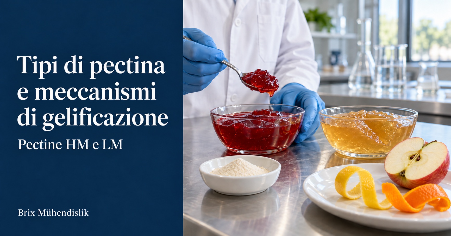 Esame in laboratorio di gel di frutta rossi e ambrati con polvere di pectina, mela e scorze di agrumi