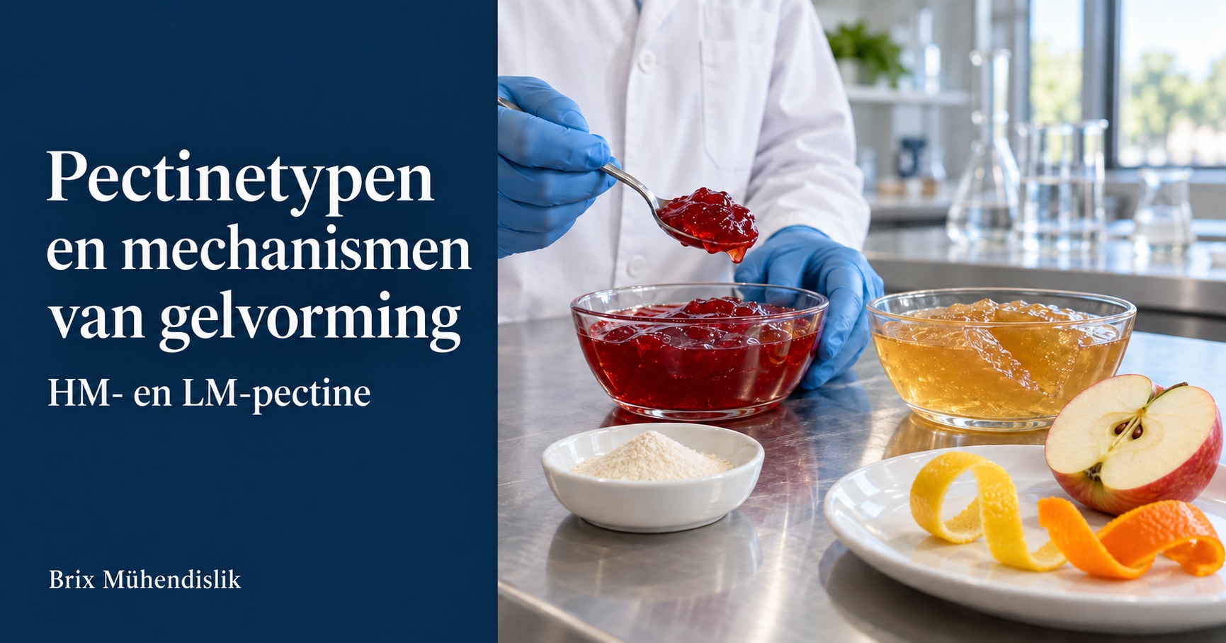 Laboratoriumonderzoek van rode en amberkleurige fruitgels naast pectinepoeder, appel en citrusschillen