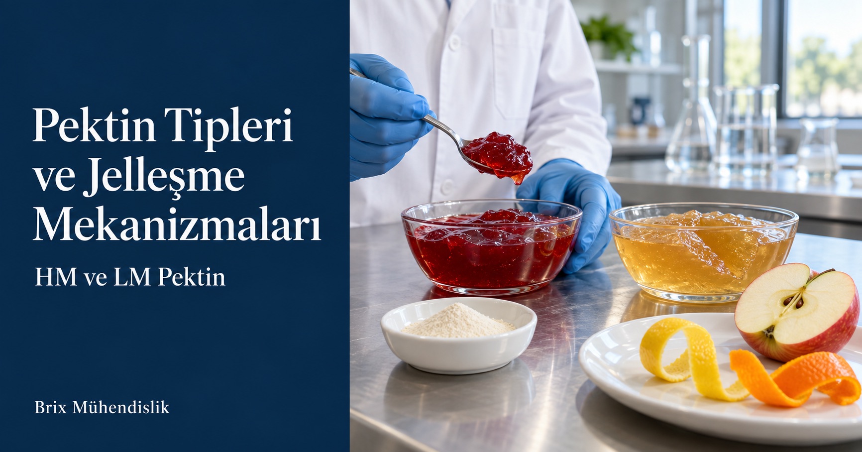Pektin tozu, elma ve narenciye kabukları yanında kırmızı ve kehribar renkli meyve jellerinin laboratuvarda incelenmesi