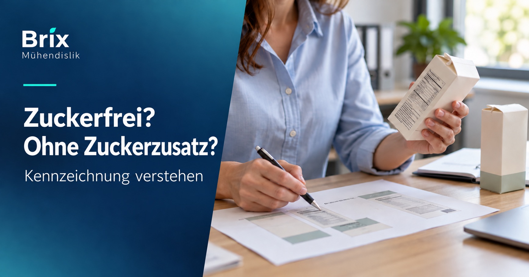 Fachkraft prüft ein Lebensmitteletikett und einen Verpackungsentwurf zu Zuckerfrei und Ohne Zuckerzusatz