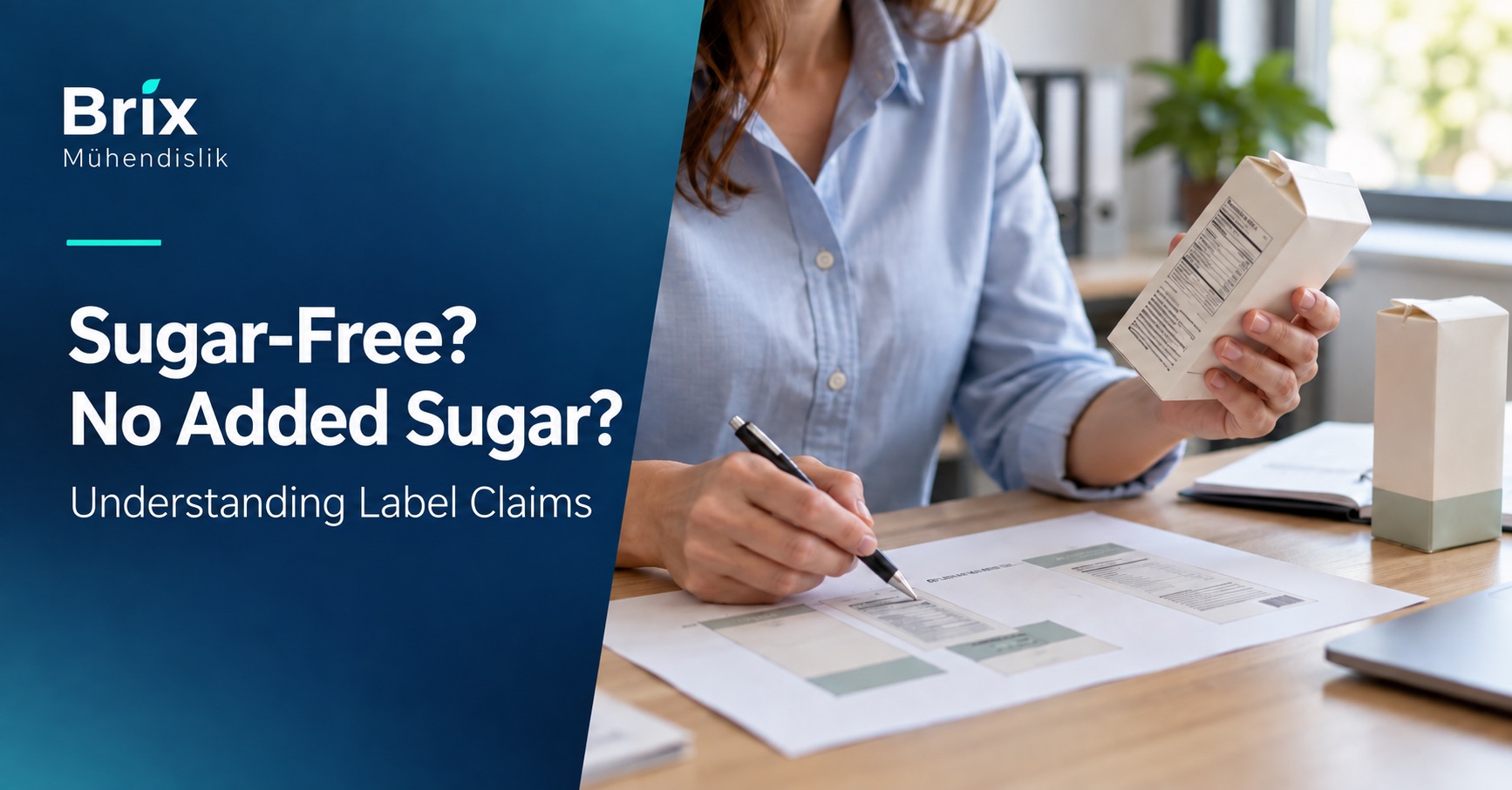 Specialist reviewing a food carton label and packaging proof for sugar-free and no-added-sugar claims