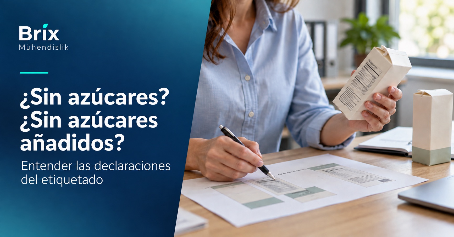 Especialista revisando una etiqueta y una prueba de envase sobre las declaraciones sin azúcares y sin azúcares añadidos