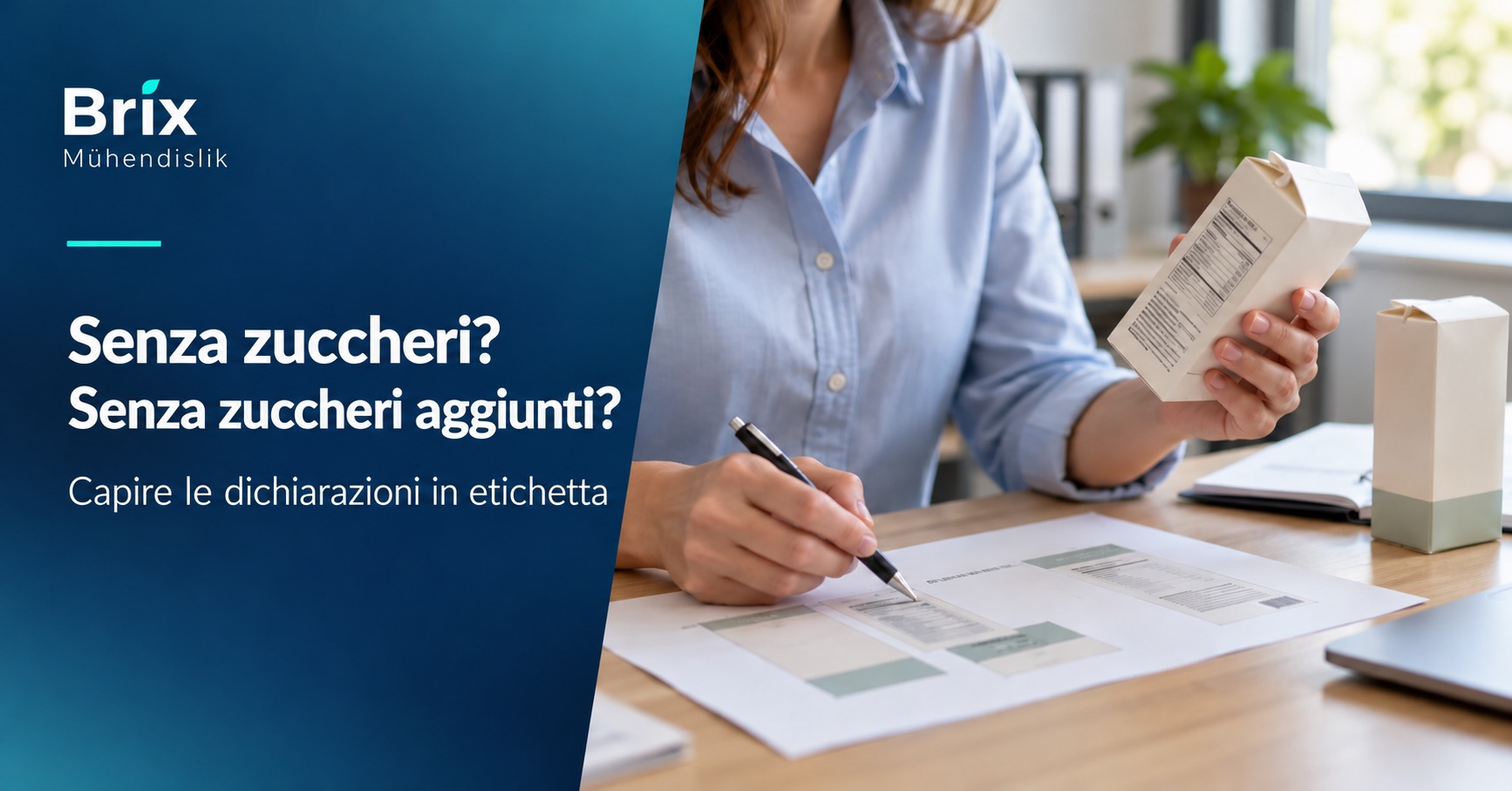 Specialista esamina un’etichetta e una prova di stampa per le dichiarazioni senza zuccheri e senza zuccheri aggiunti