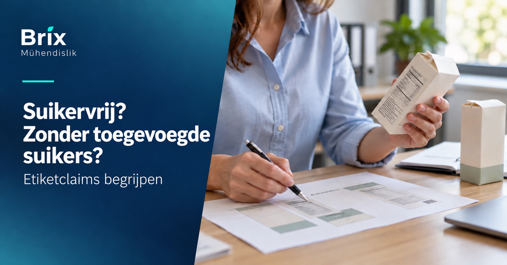 Specialist bekijkt een voedseletiket en drukproef voor claims over suikervrij en zonder toegevoegde suikers