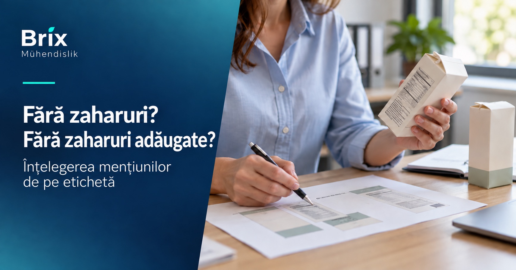 Specialistă verificând o etichetă și o probă de ambalaj pentru mențiunile fără zaharuri și fără zaharuri adăugate