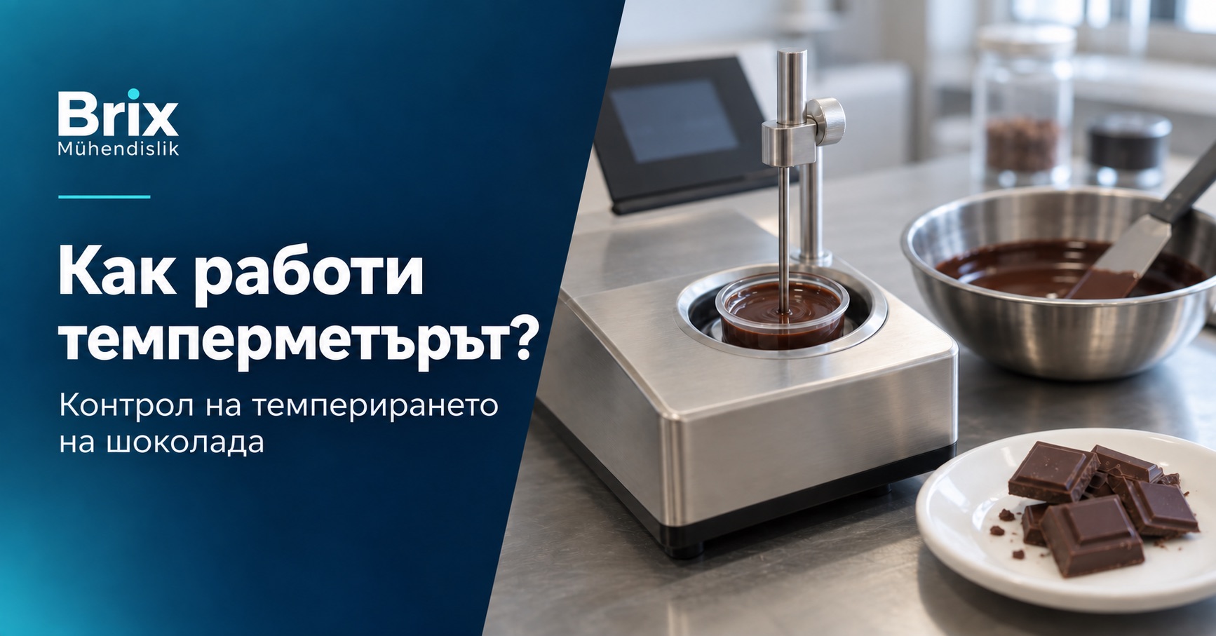 Температурна сонда в проба шоколад в охлаждащата клетка на темперметър; българска корица за принципа на работа.