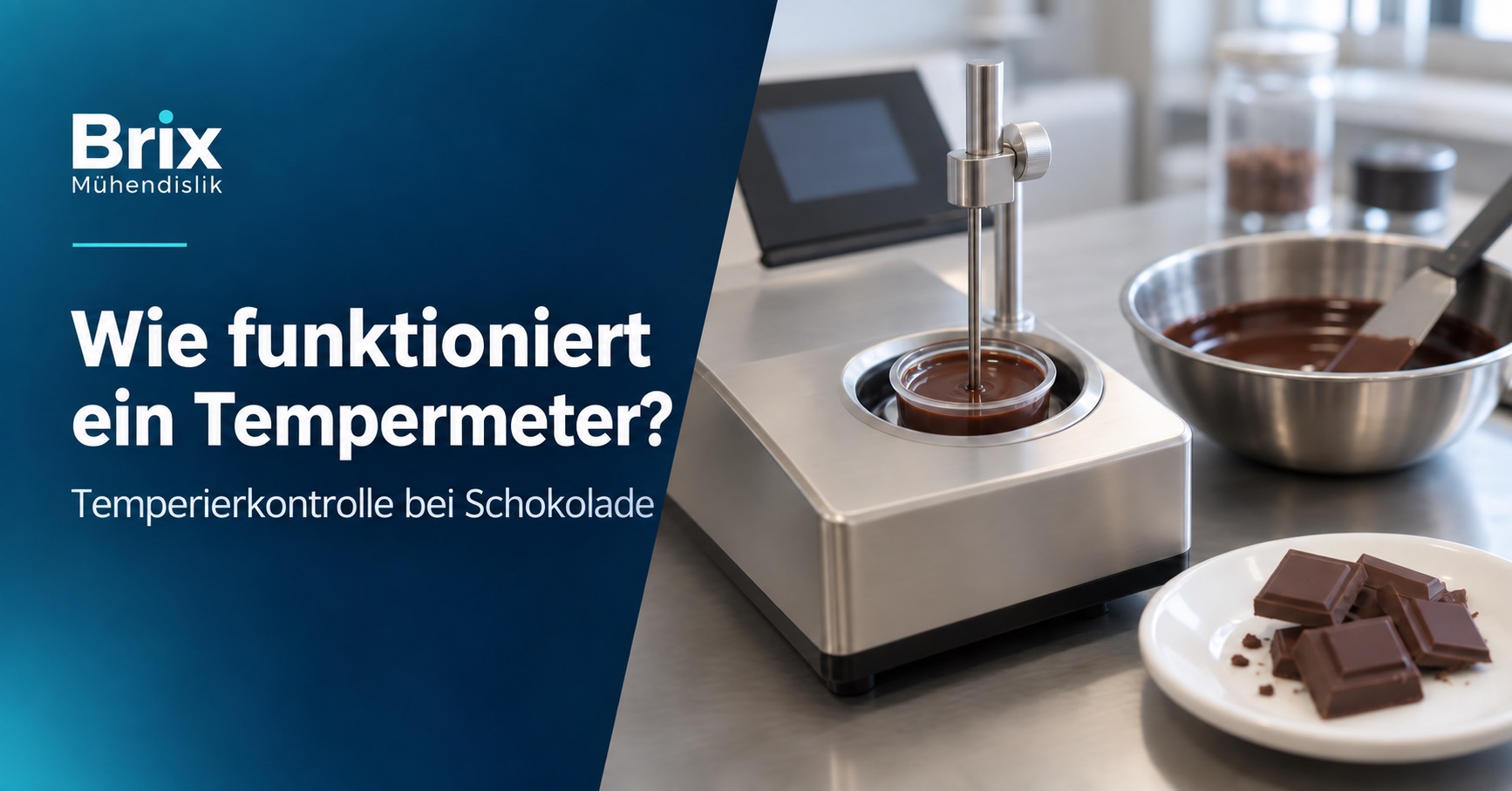 Temperaturfühler in einer Schokoladenprobe in der Kühlzelle eines Tempermeters; deutsches Titelbild zum Funktionsprinzip.