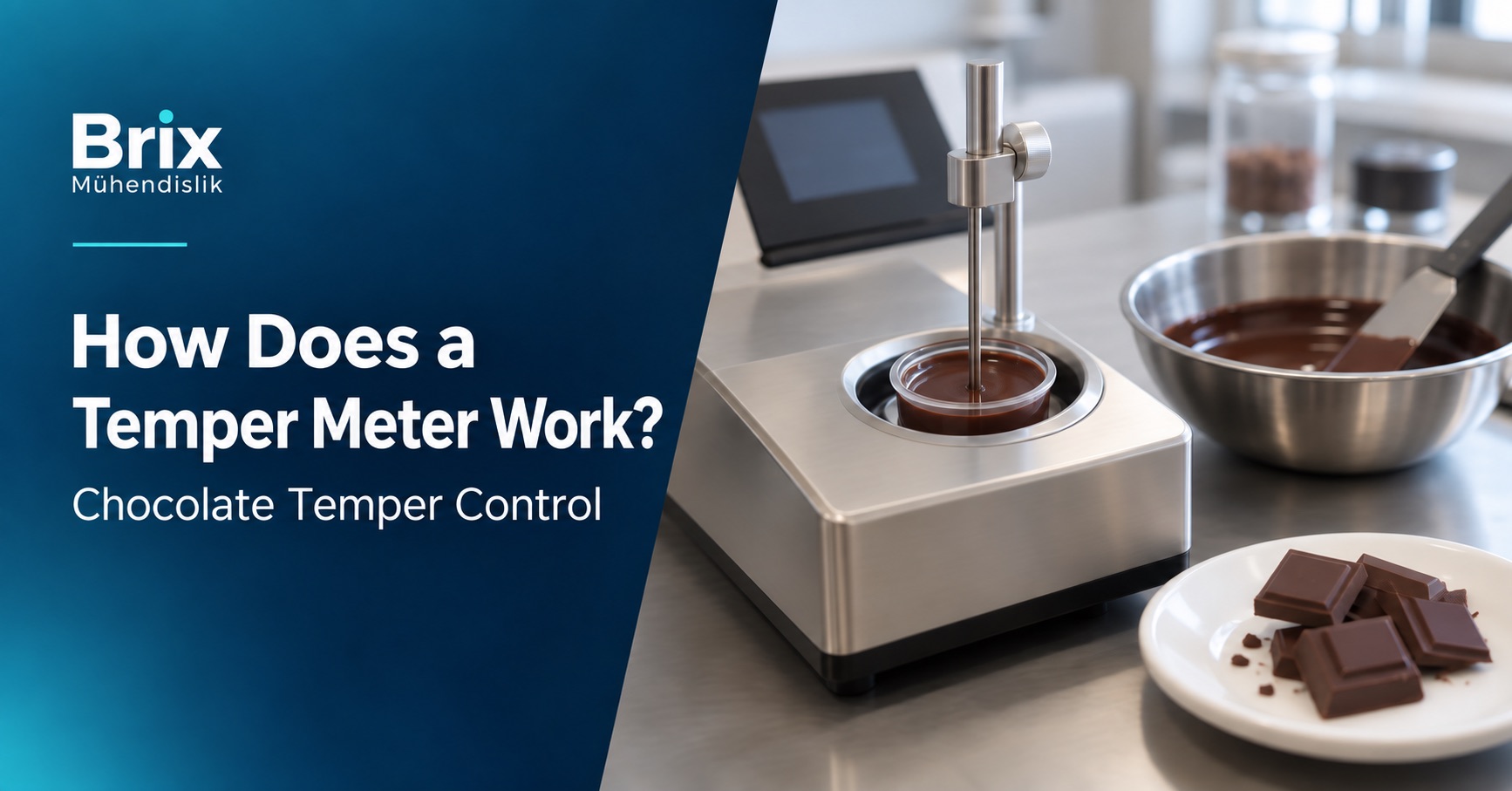 Temperature probe in a chocolate sample inside a temper meter cooling well; English cover about its working principle.