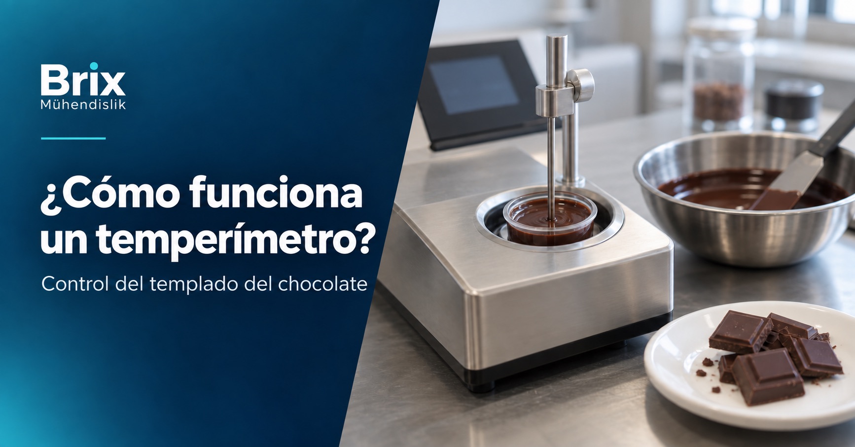 Sonda de temperatura en una muestra de chocolate dentro de la celda fría de un temperímetro; portada en español.