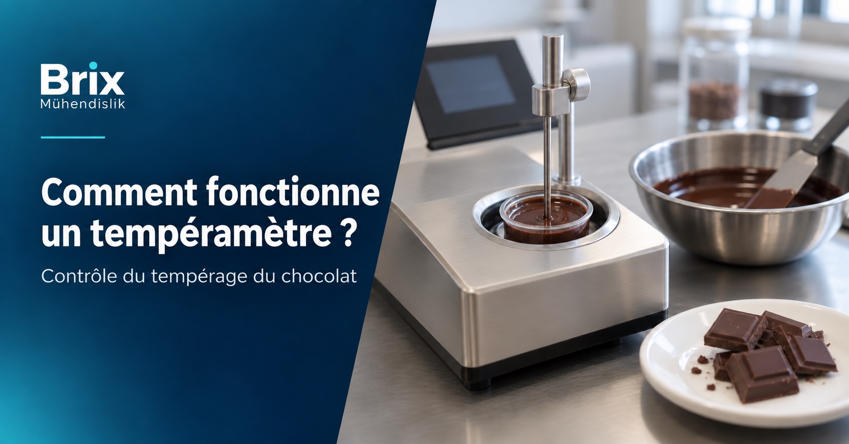 Sonde de température dans un échantillon de chocolat placé dans la cellule froide du tempéramètre ; couverture française.