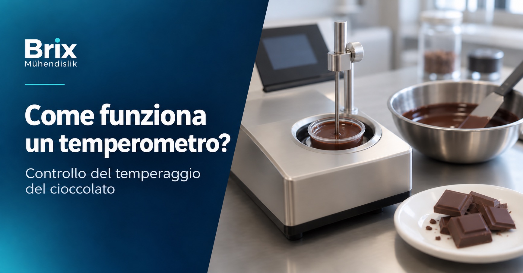 Sonda termica in un campione di cioccolato nella cella di raffreddamento del temperometro; copertina italiana sul funzionamento.