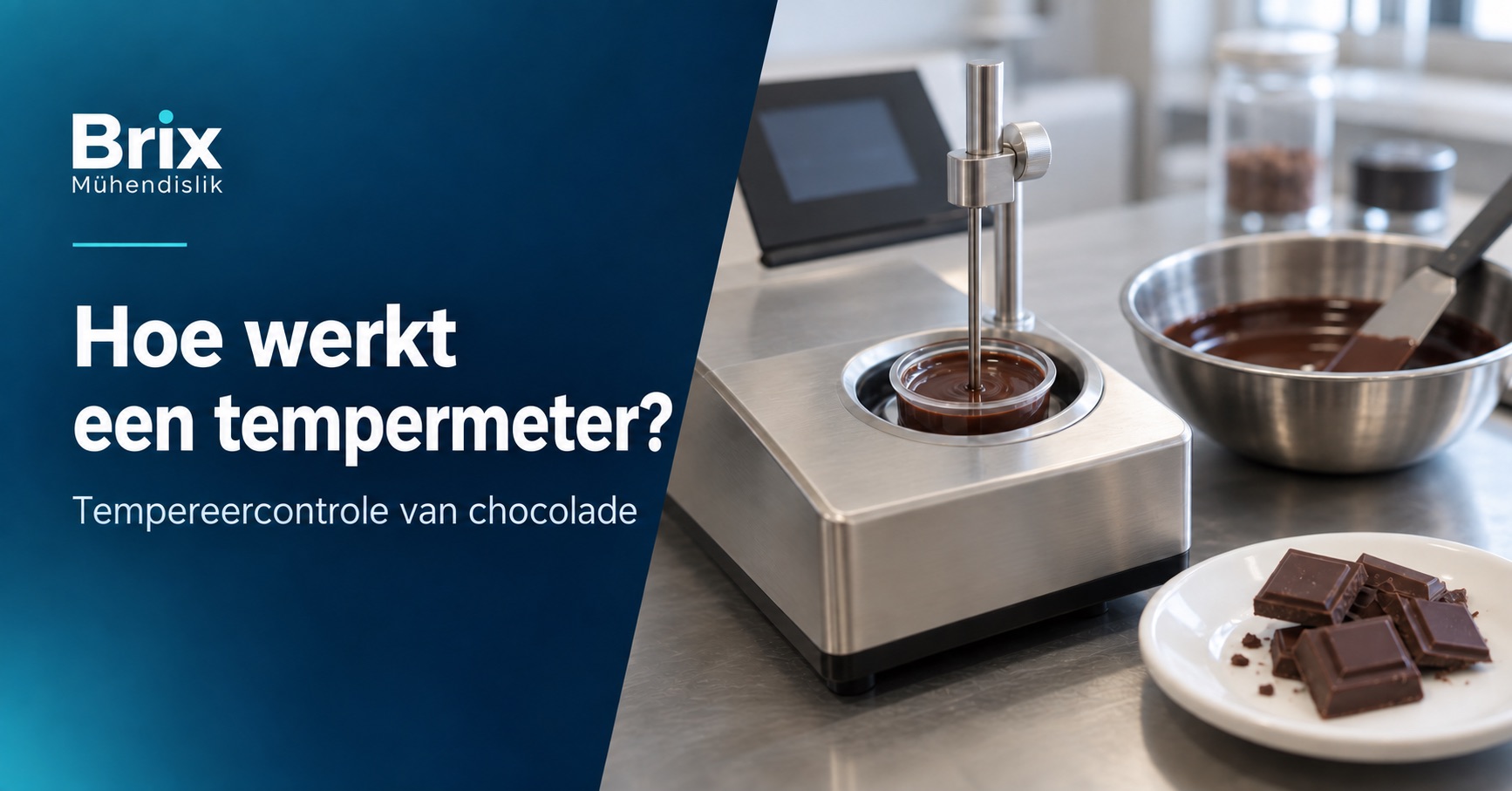 Temperatuursonde in een chocolademonster in de koelcel van een tempermeter; Nederlandse omslag over het werkingsprincipe.