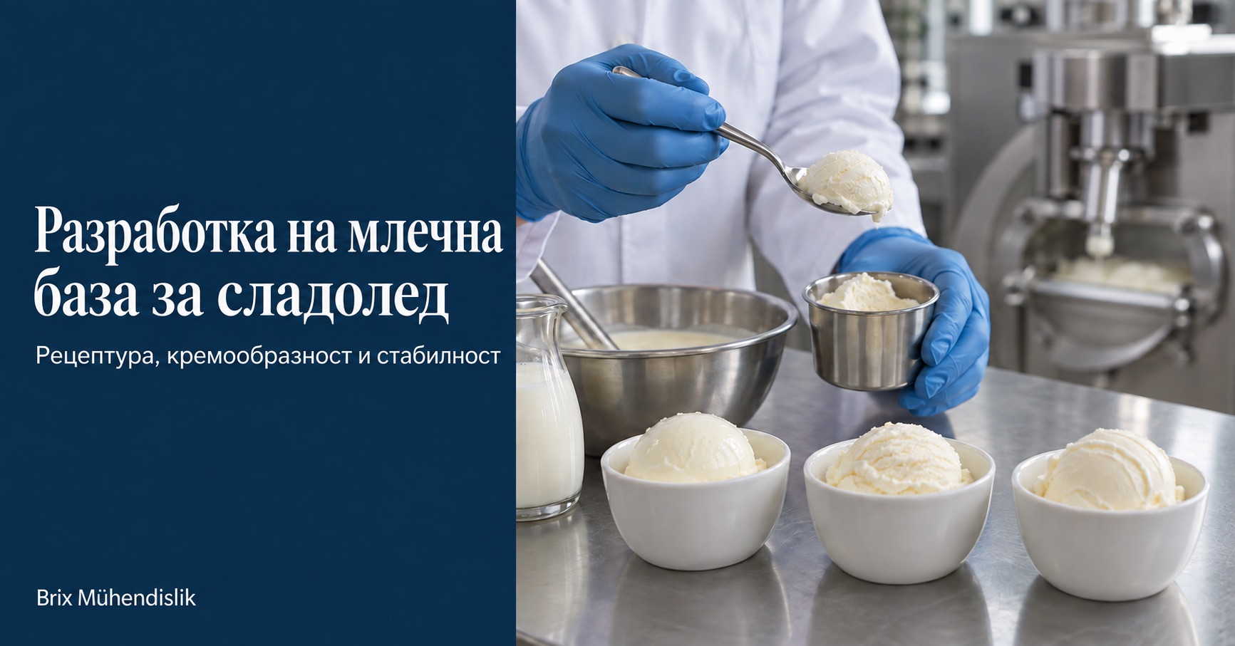 Хранителен технолог проверява проба сладолед с лъжица в пилотна кухня за разработване на млечна база.