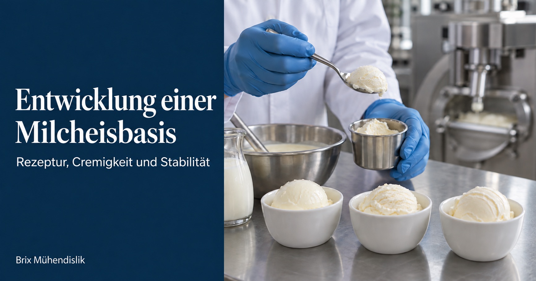 Lebensmittelfachkraft prüft eine Eisprobe mit einem Löffel in einer Pilotküche zur Entwicklung einer Milcheisbasis.