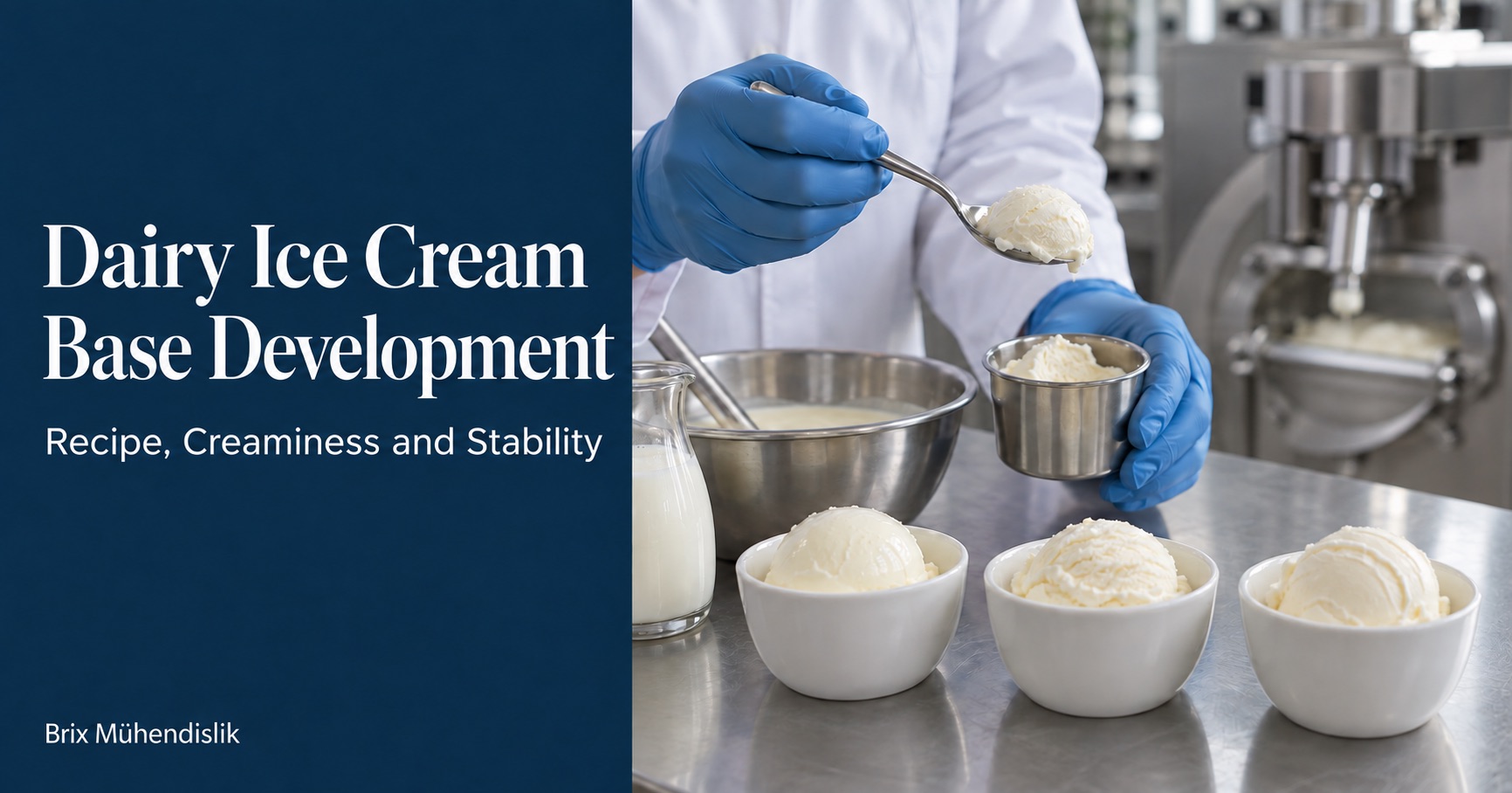 Food specialist examining an ice cream sample with a spoon in a pilot kitchen to develop a dairy ice cream base.