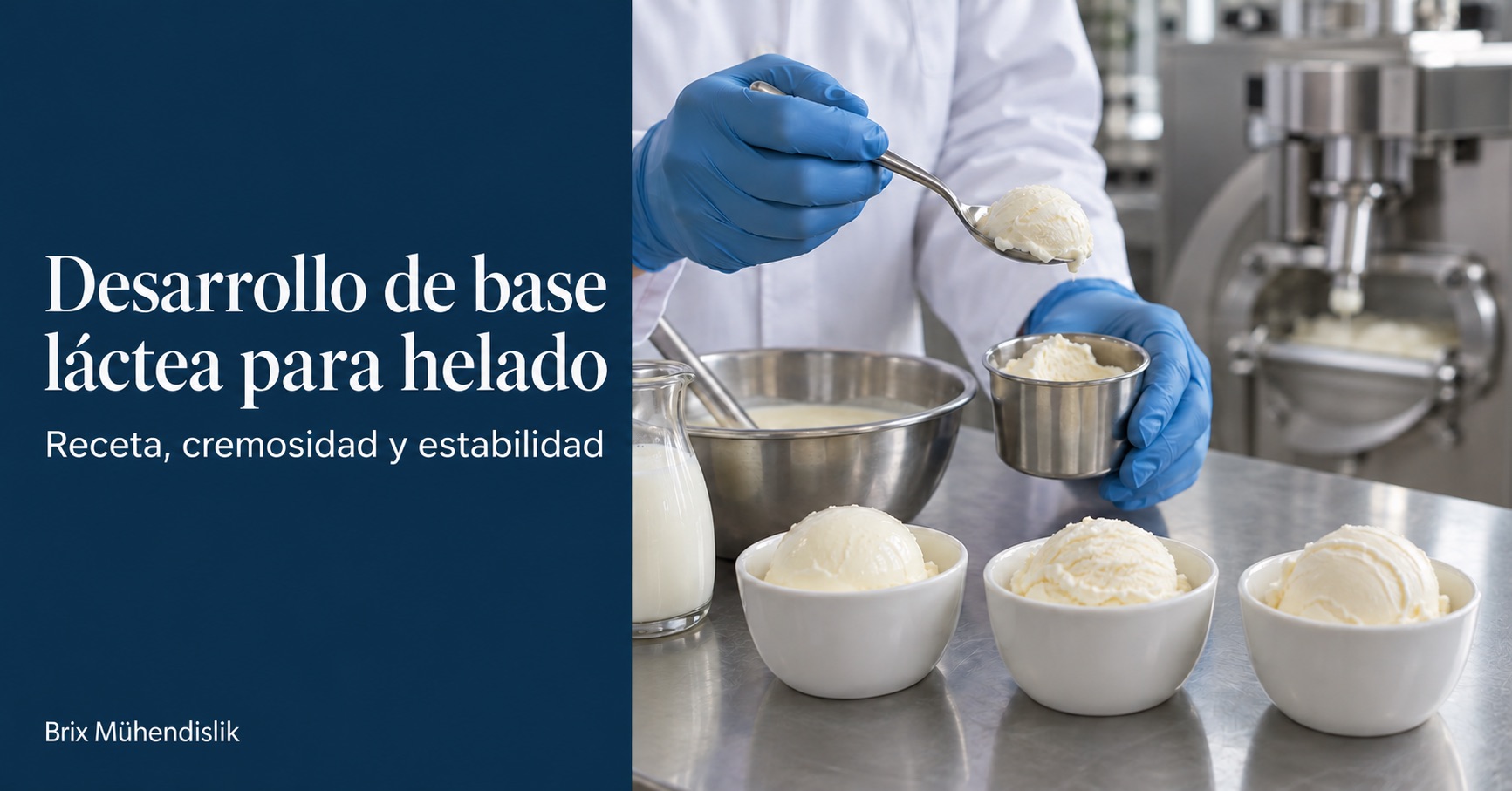 Especialista alimentario examina una muestra de helado con una cuchara en una cocina piloto para desarrollar una base láctea.