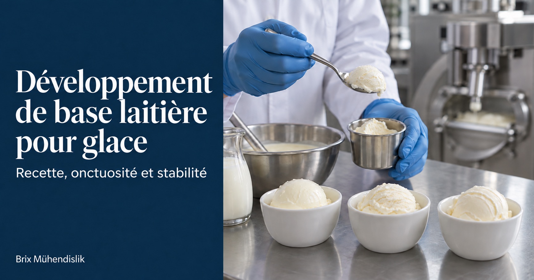 Spécialiste alimentaire examinant une glace à la cuillère dans une cuisine pilote pour développer une base laitière.