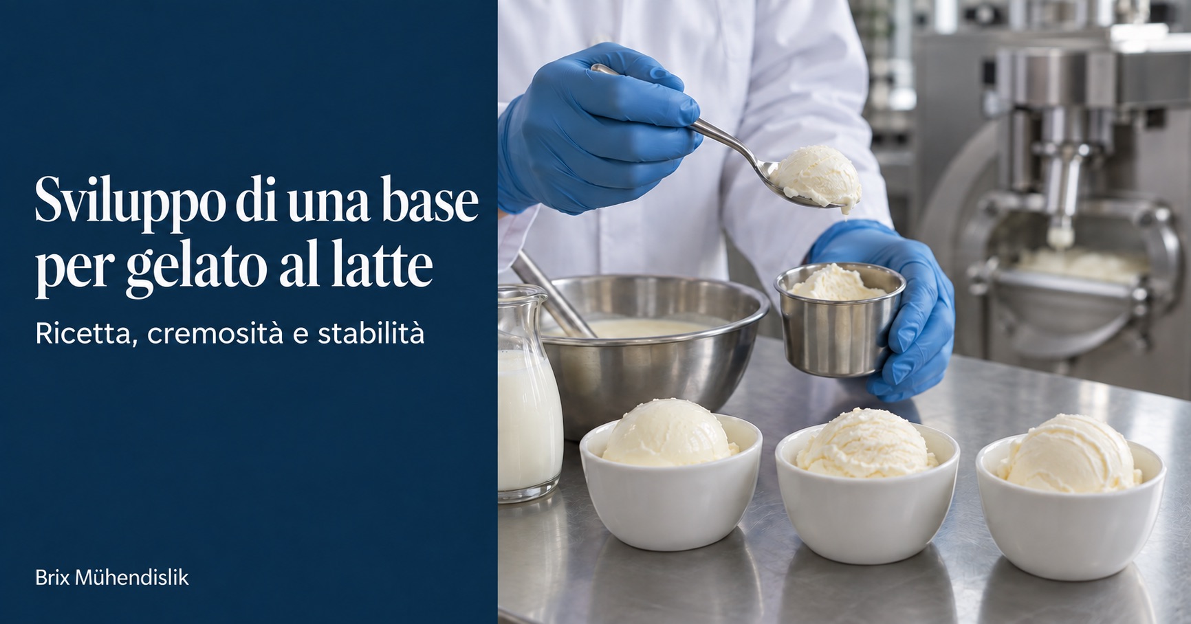 Specialista alimentare esamina un campione di gelato con un cucchiaio in una cucina pilota per sviluppare una base al latte.