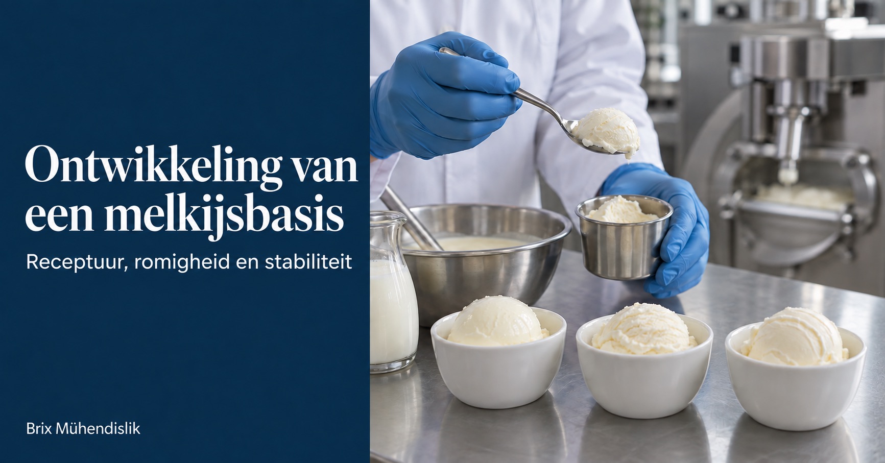 Voedingsspecialist onderzoekt een ijsmonster met een lepel in een proefkeuken voor de ontwikkeling van een melkijsbasis.