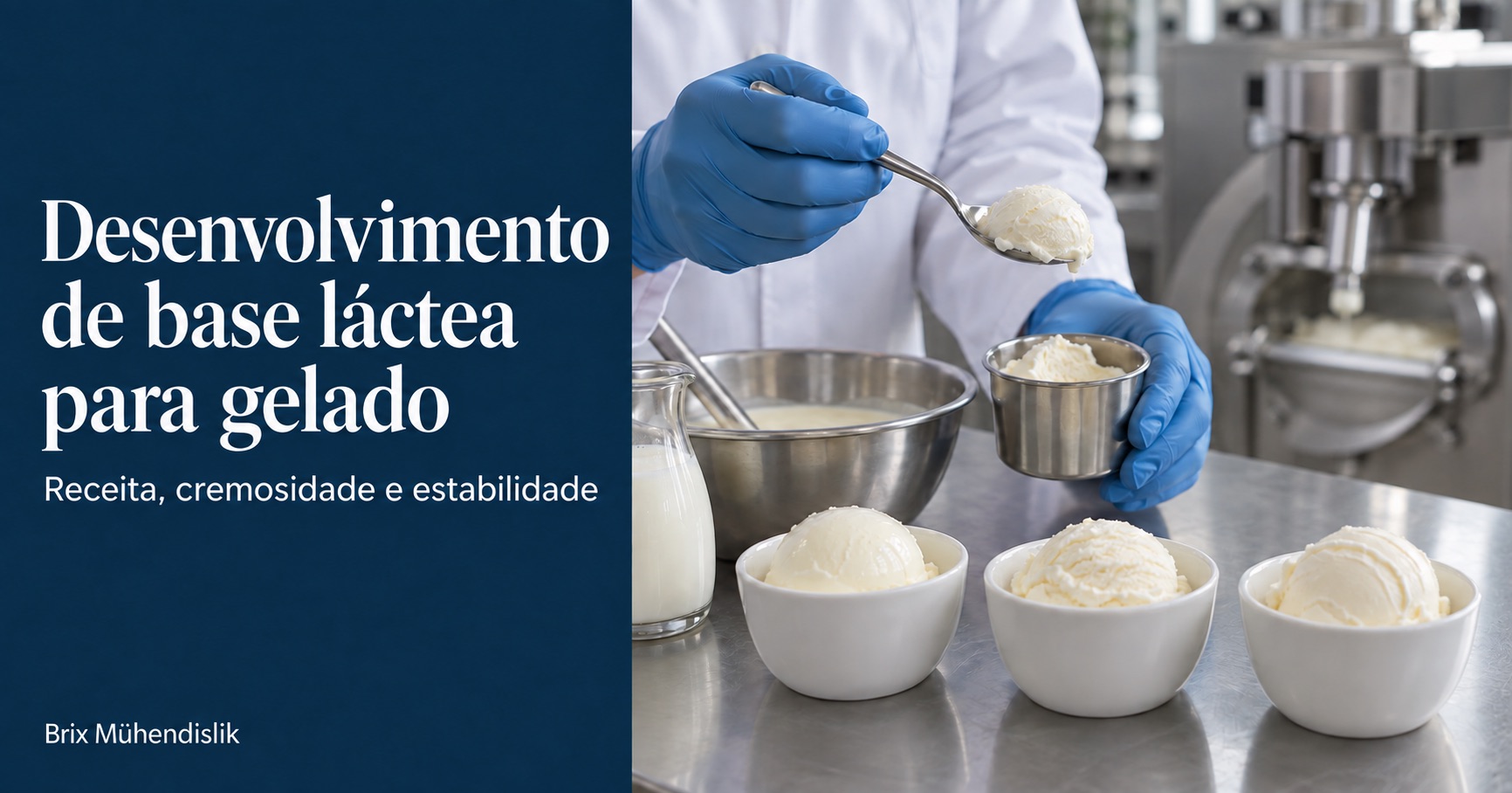 Especialista alimentar examina uma amostra de gelado com uma colher numa cozinha piloto para desenvolver uma base láctea.