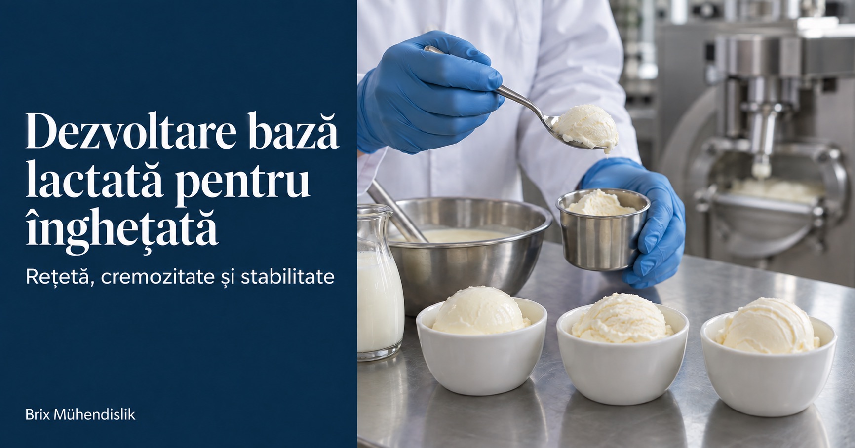 Specialist alimentar examinează o probă de înghețată cu o lingură într-o bucătărie pilot pentru dezvoltarea unei baze lactate.