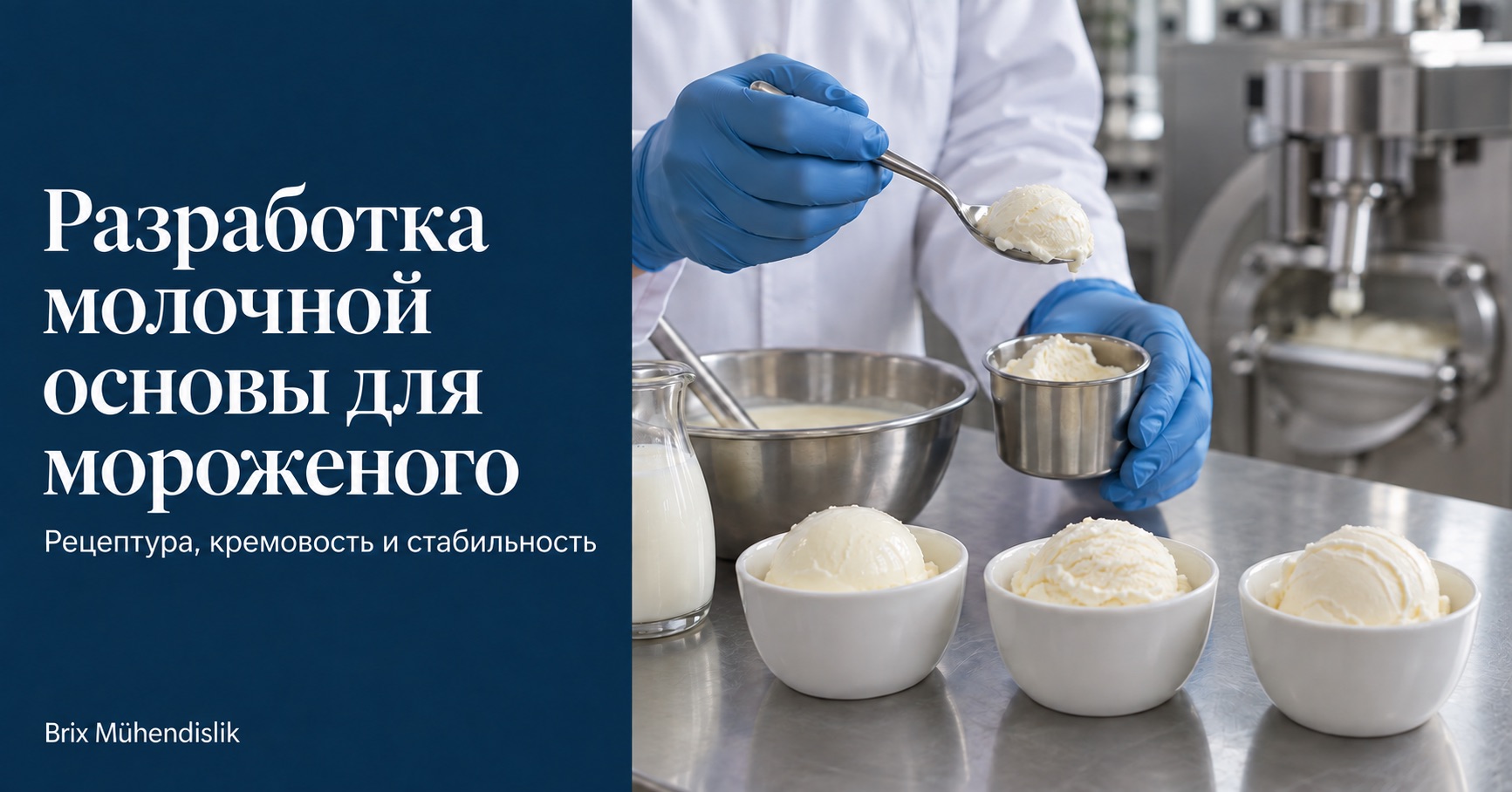 Пищевой технолог исследует ложкой образец мороженого на пилотной кухне при разработке молочной основы.