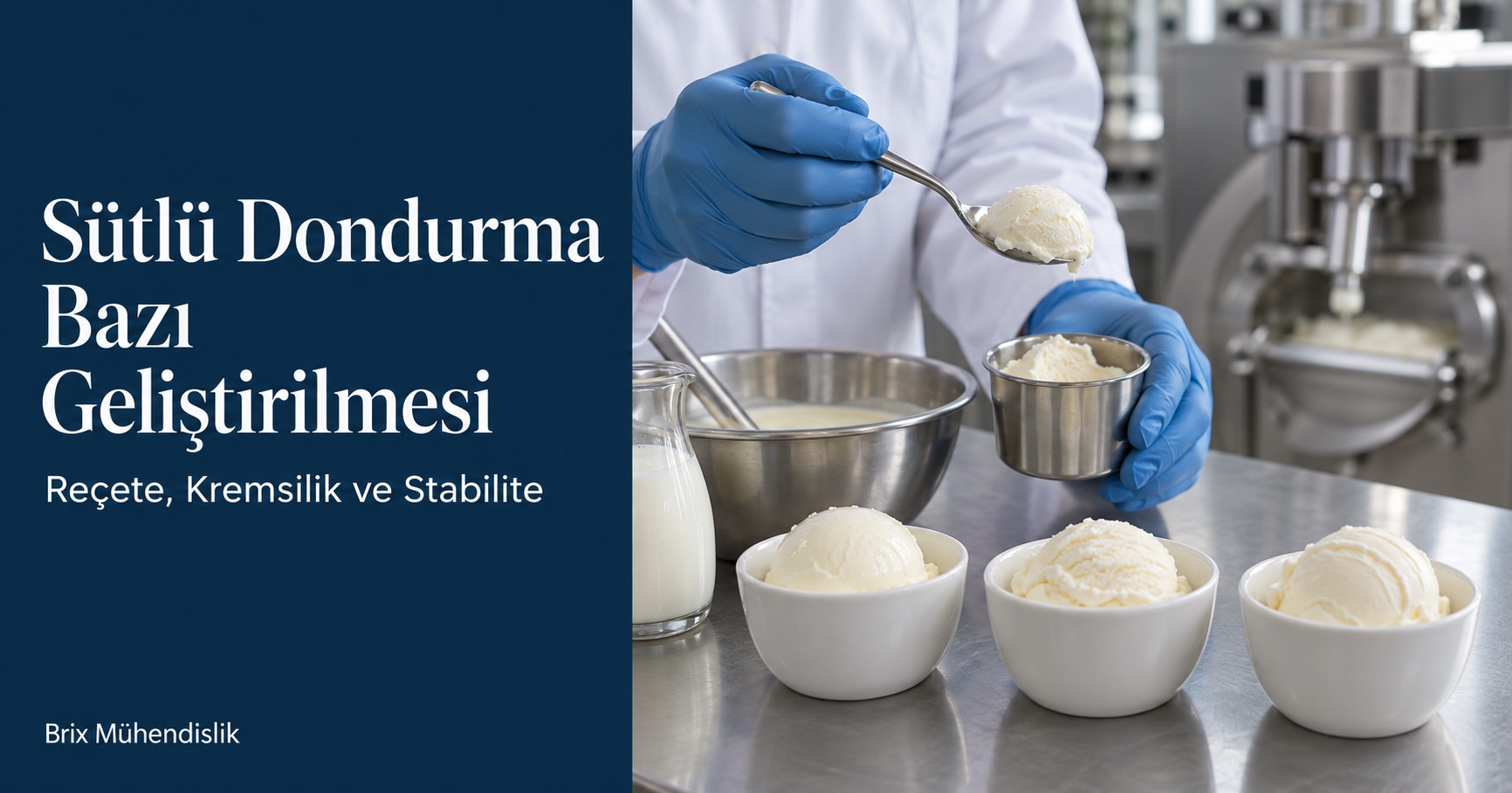 Sütlü dondurma bazı geliştirmek için pilot mutfakta kaşıkla dondurma numunesini inceleyen gıda uzmanı.