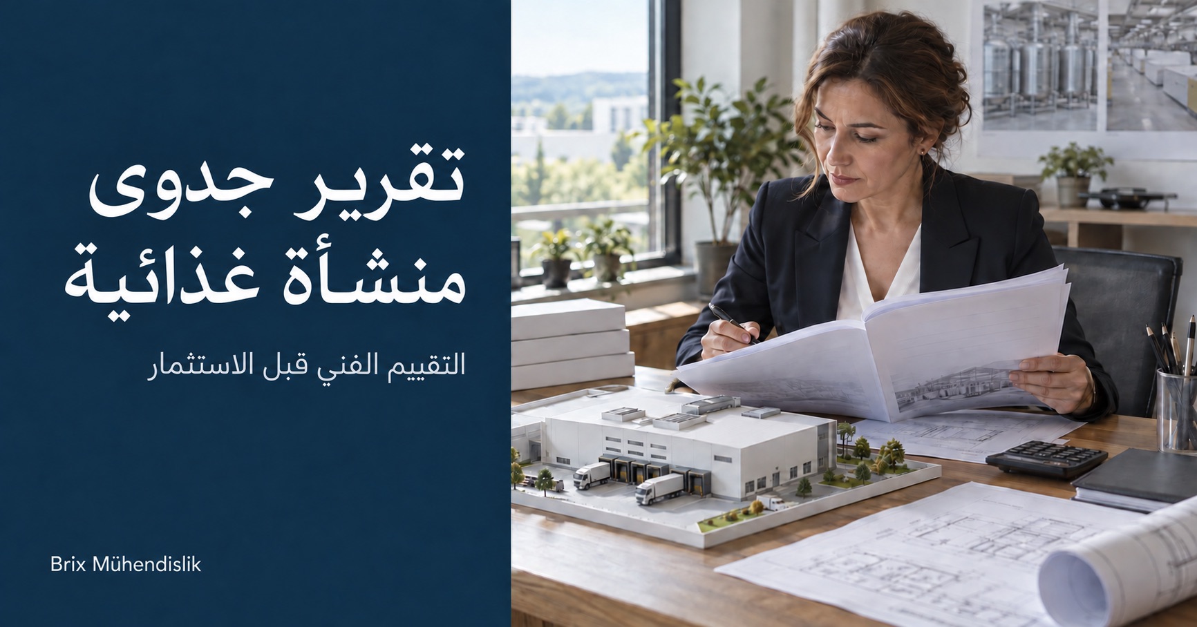 مستشارة تراجع تقريرًا فنيًا بجانب نموذج مصغر لمصنع؛ غلاف بعنوان تقرير جدوى منشأة غذائية.